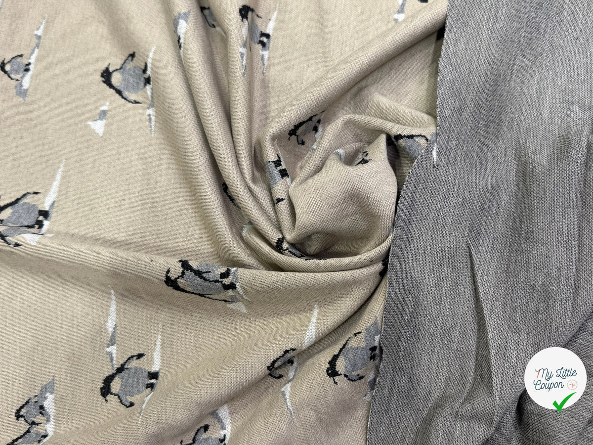 MAILLE DOUBLE FACE IMPRIMÉ PINGOUINS GRIS FOND BEIGE CRÈME - My Little Coupon