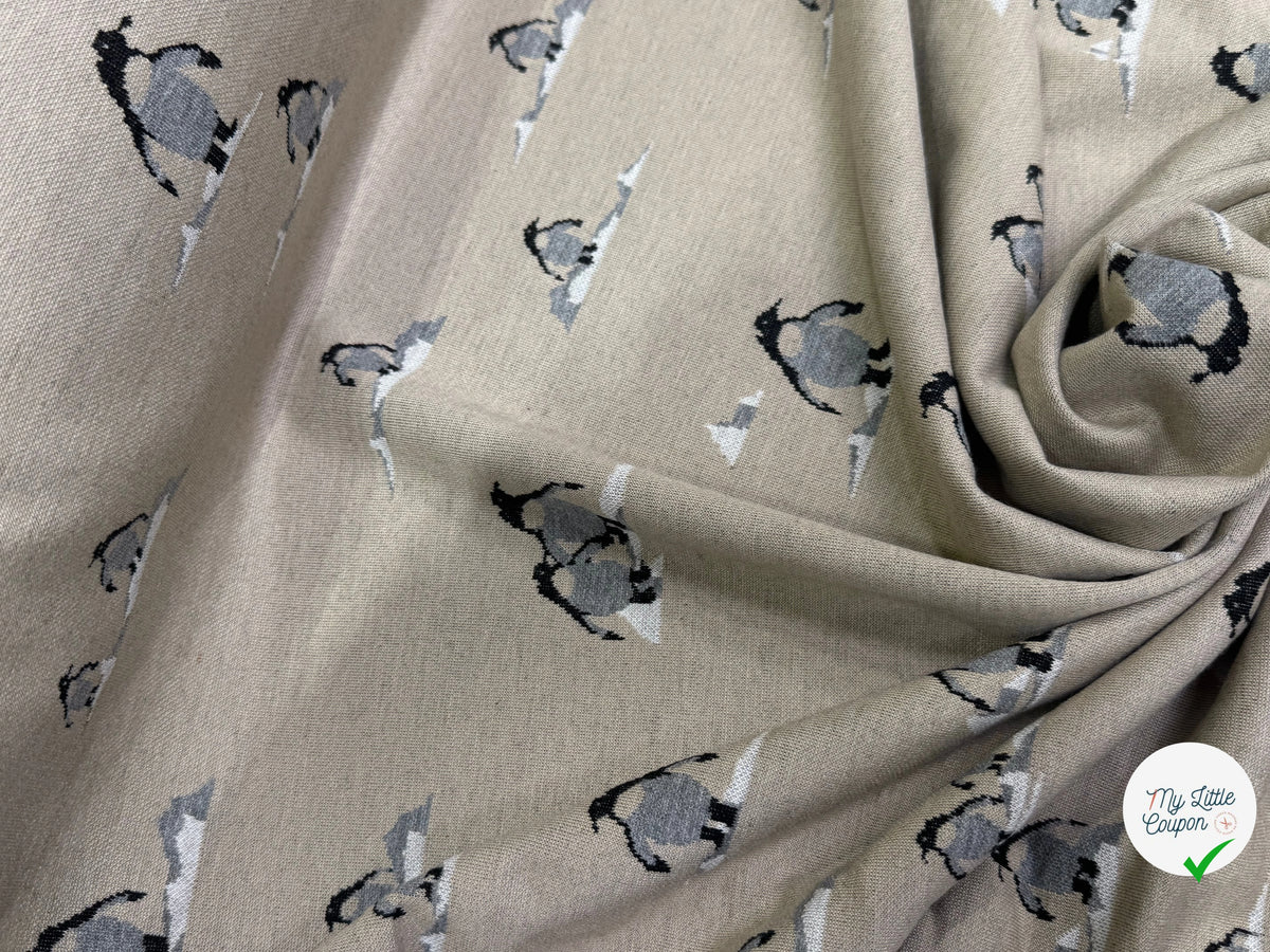 MAILLE DOUBLE FACE IMPRIMÉ PINGOUINS GRIS FOND BEIGE CRÈME - My Little Coupon