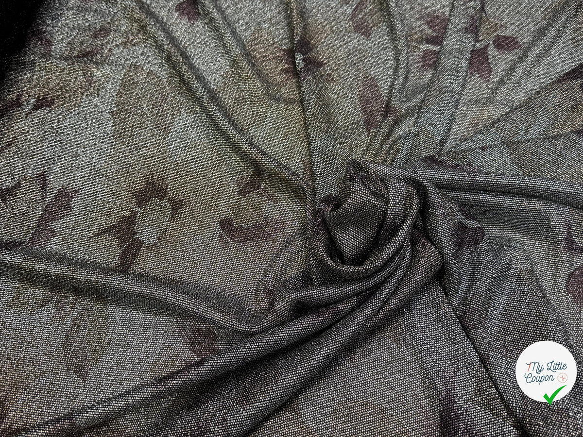 Tissu maille de fête argentée florale noir