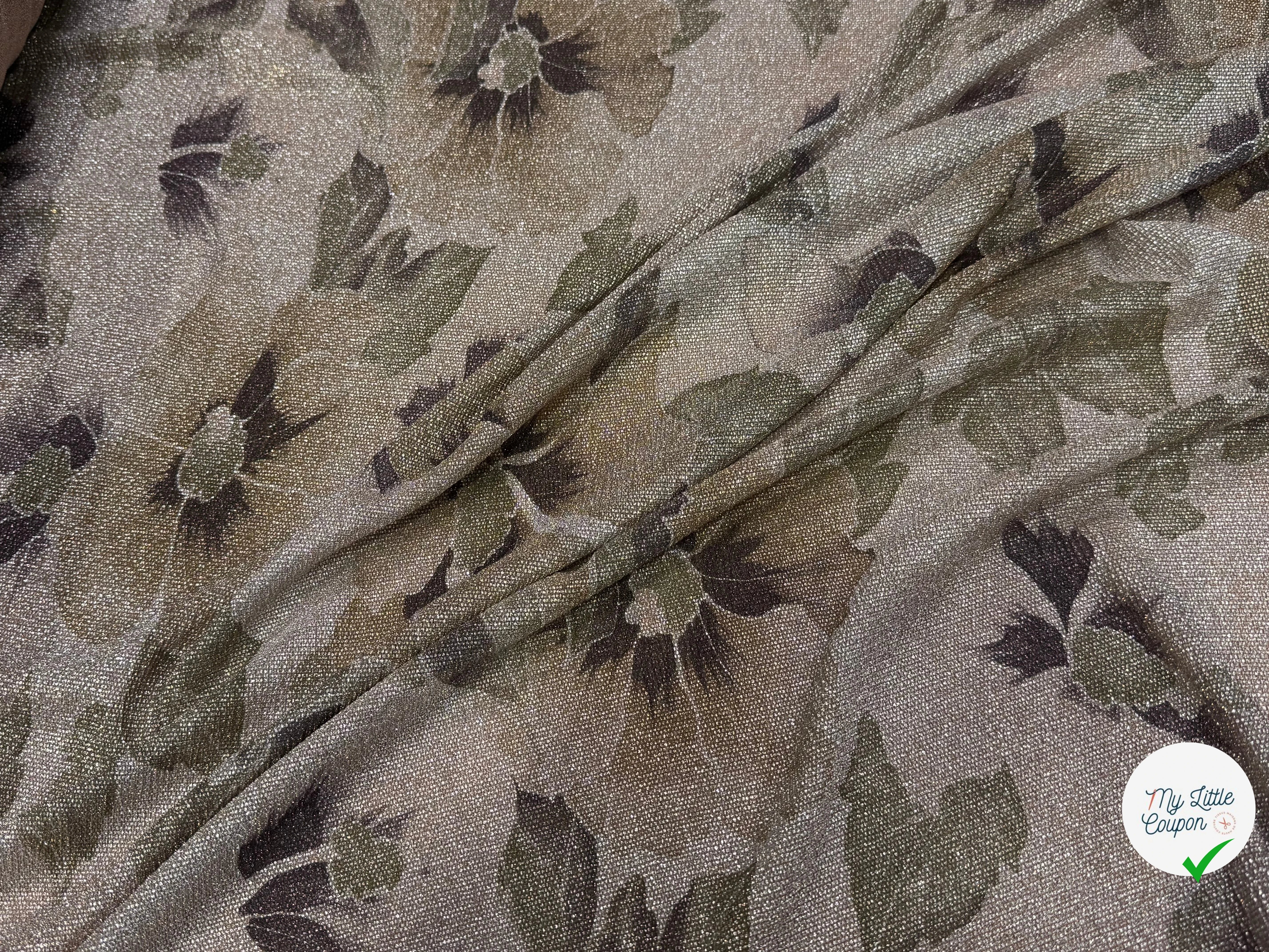 Tissu maille de fête florale beige rosé kaki - vue de la matière