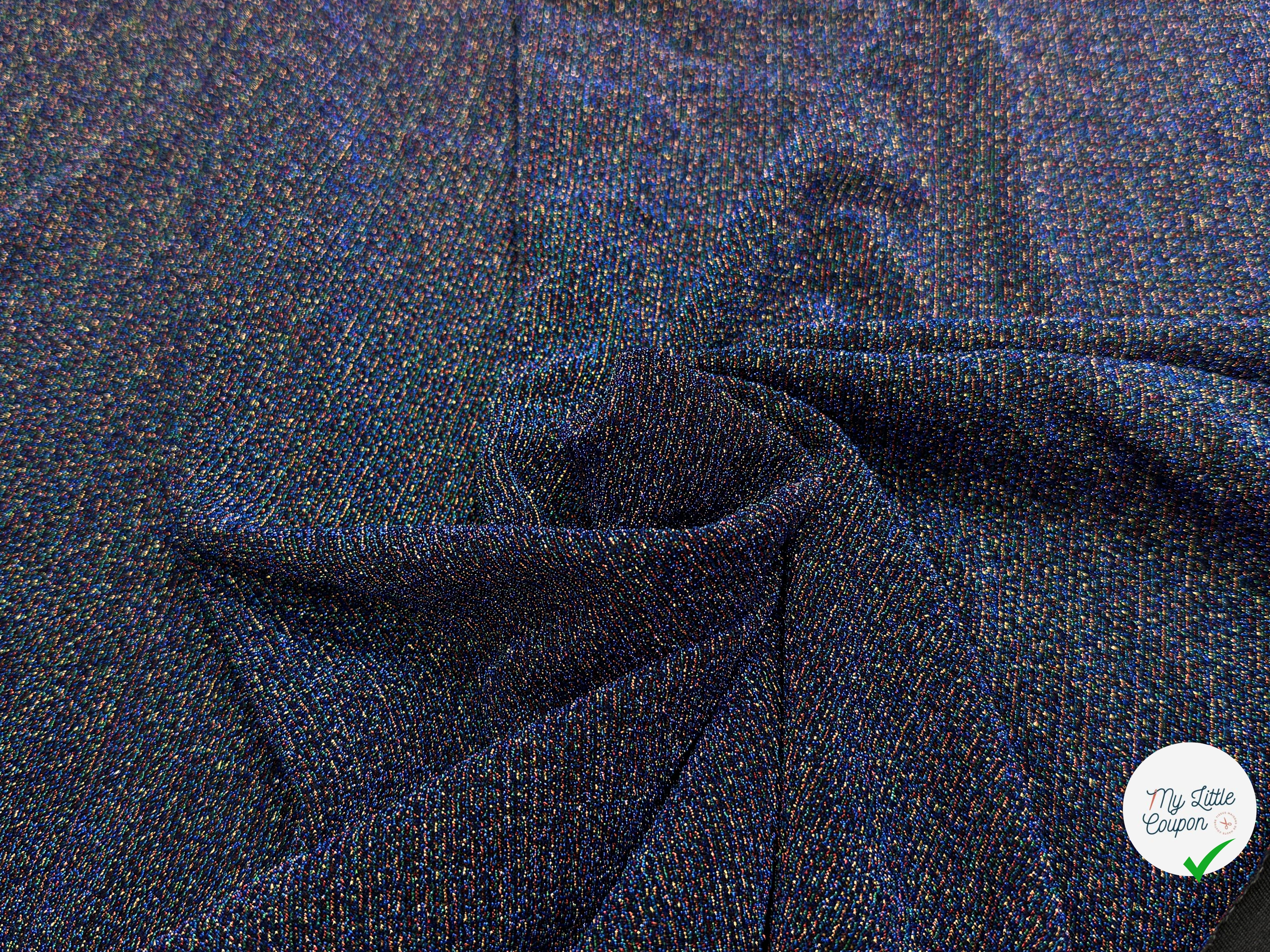 MAILLE FÊTE ULTRA STRETCH BRILLANT POLY MULTICOL INTERLOCK BLEU - My Little Coupon