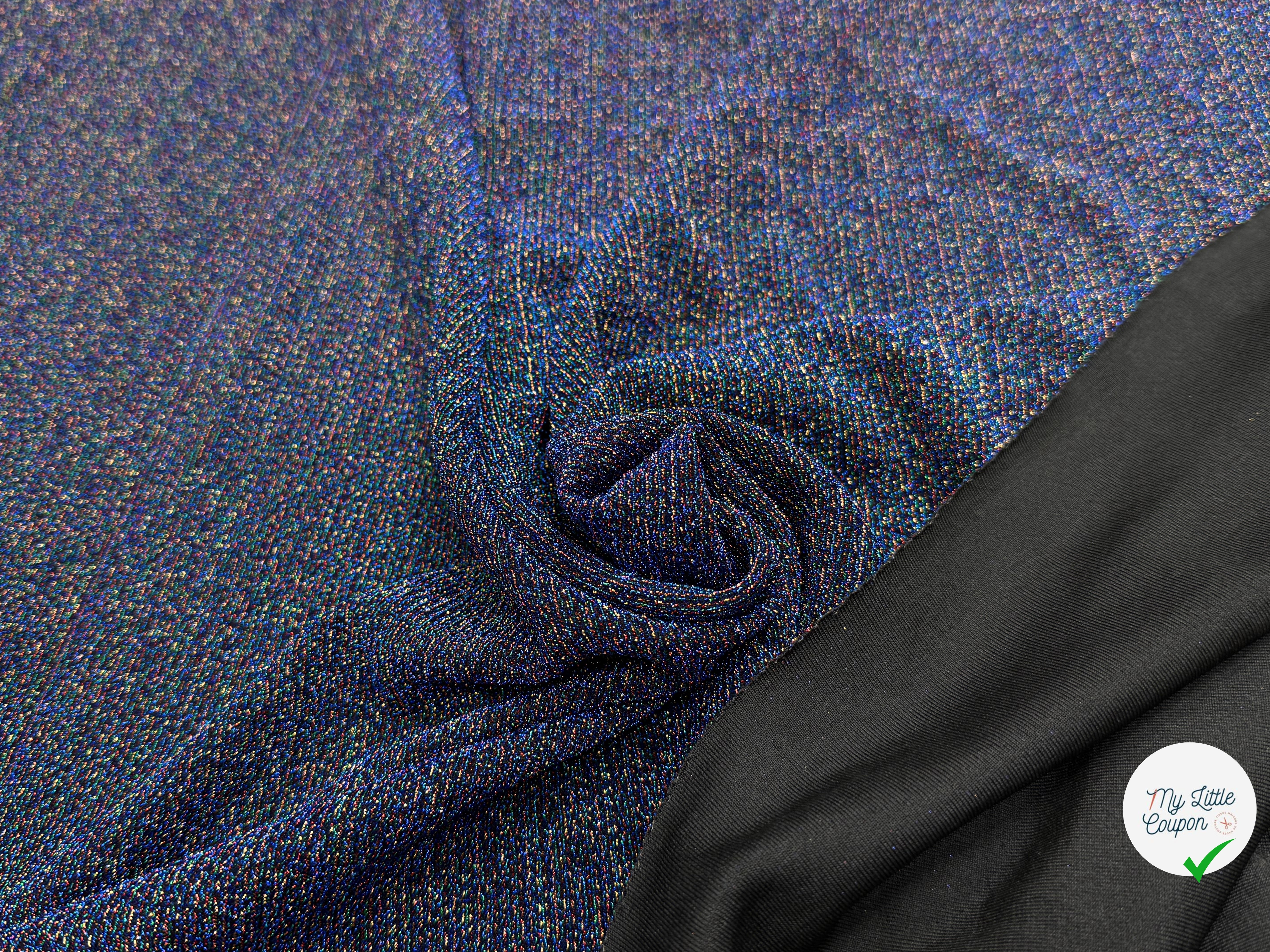 MAILLE FÊTE ULTRA STRETCH BRILLANT POLY MULTICOL INTERLOCK BLEU - My Little Coupon