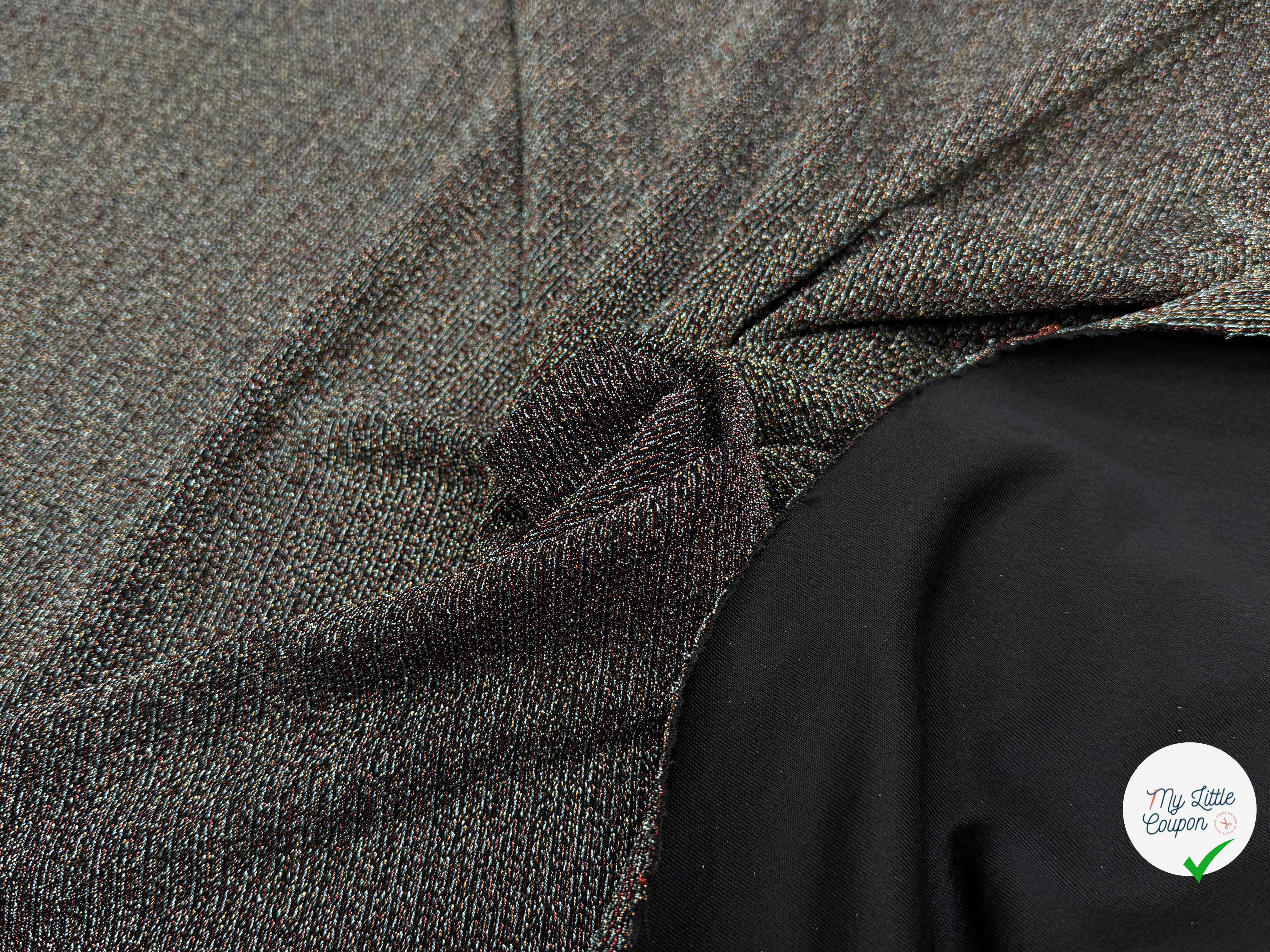 MAILLE FÊTE ULTRA STRETCH BRILLANT POLY MULTICOL INTERLOCK KAKI - My Little Coupon