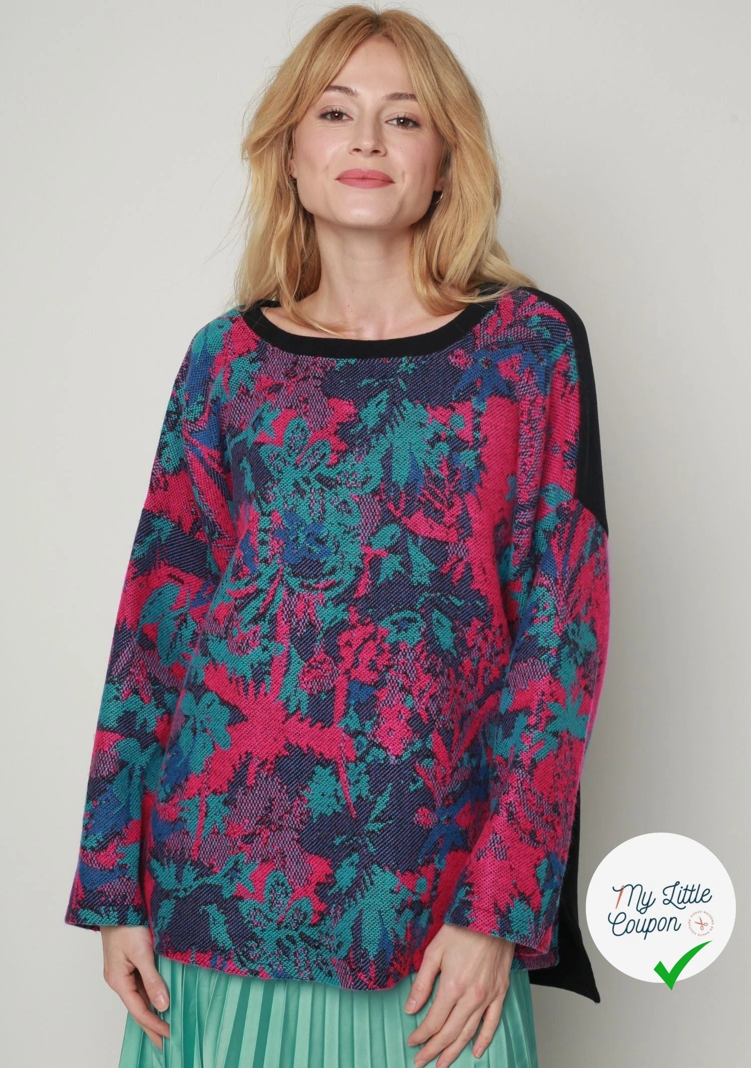 MAILLE GRATTÉE JACQUARD FLEURS FUCHSIA ET TURQUOISE - My Little Coupon