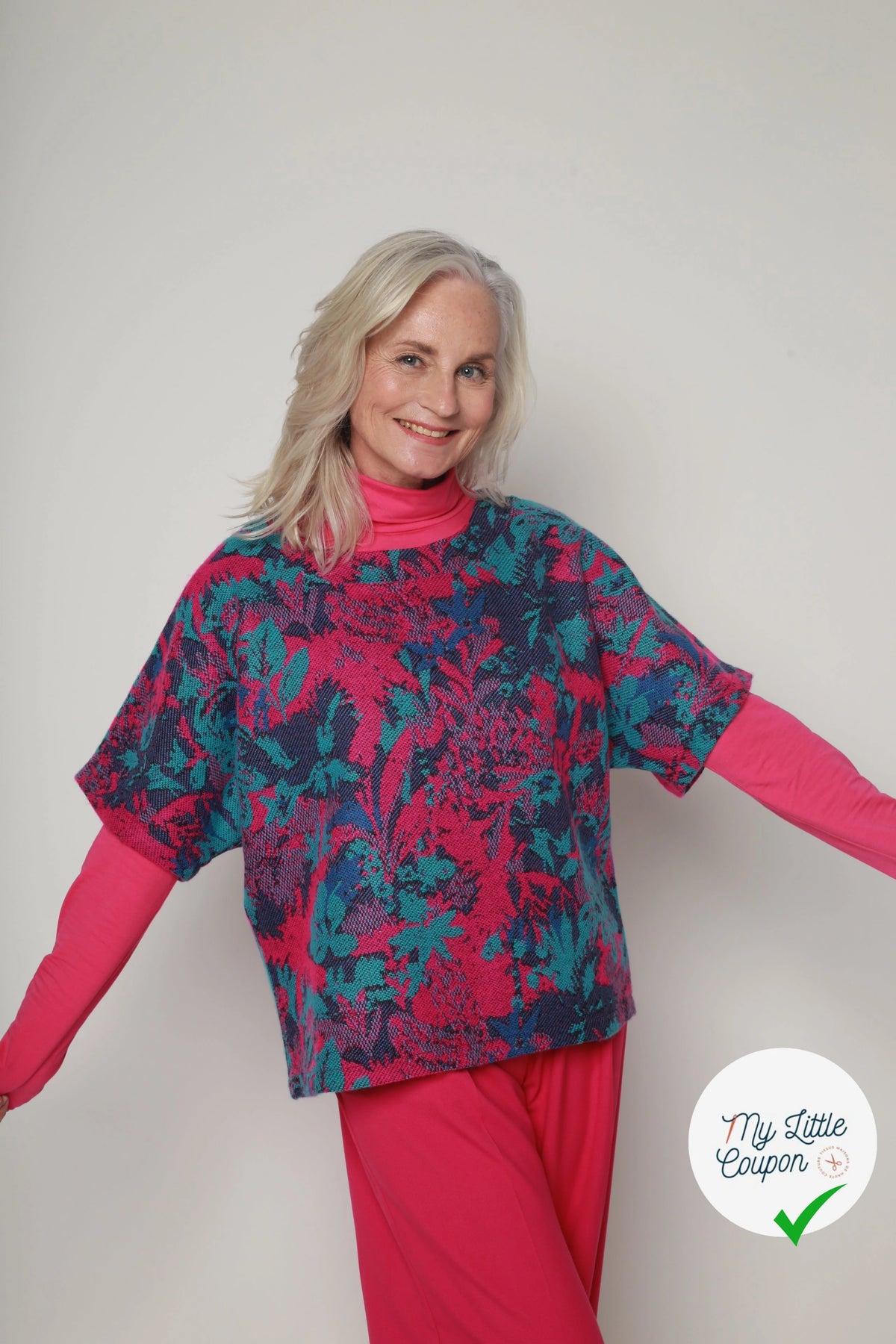 MAILLE GRATTÉE JACQUARD FLEURS FUCHSIA ET TURQUOISE - My Little Coupon