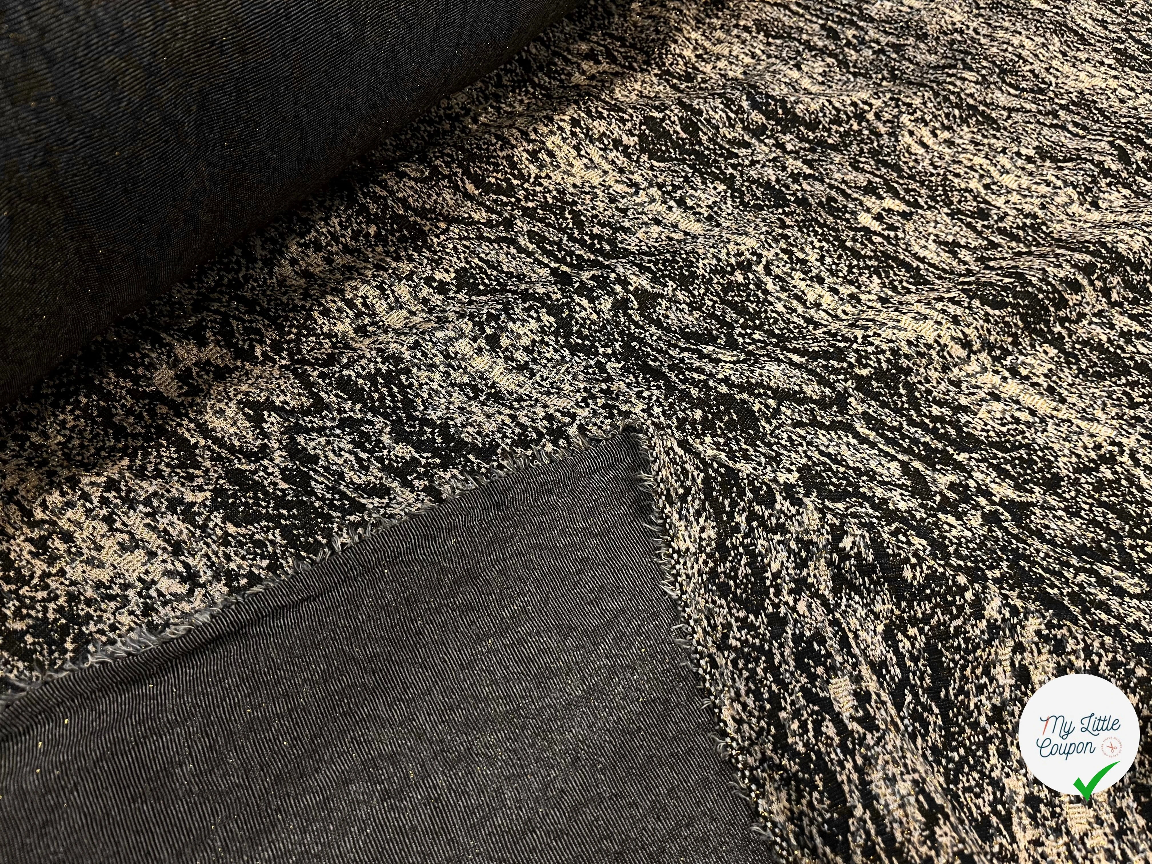 MAILLE MILANO 25% VISCOSE MOTIF ÉFFET LÉOPARD NOIR&BEIGE FIL OR - My Little Coupon