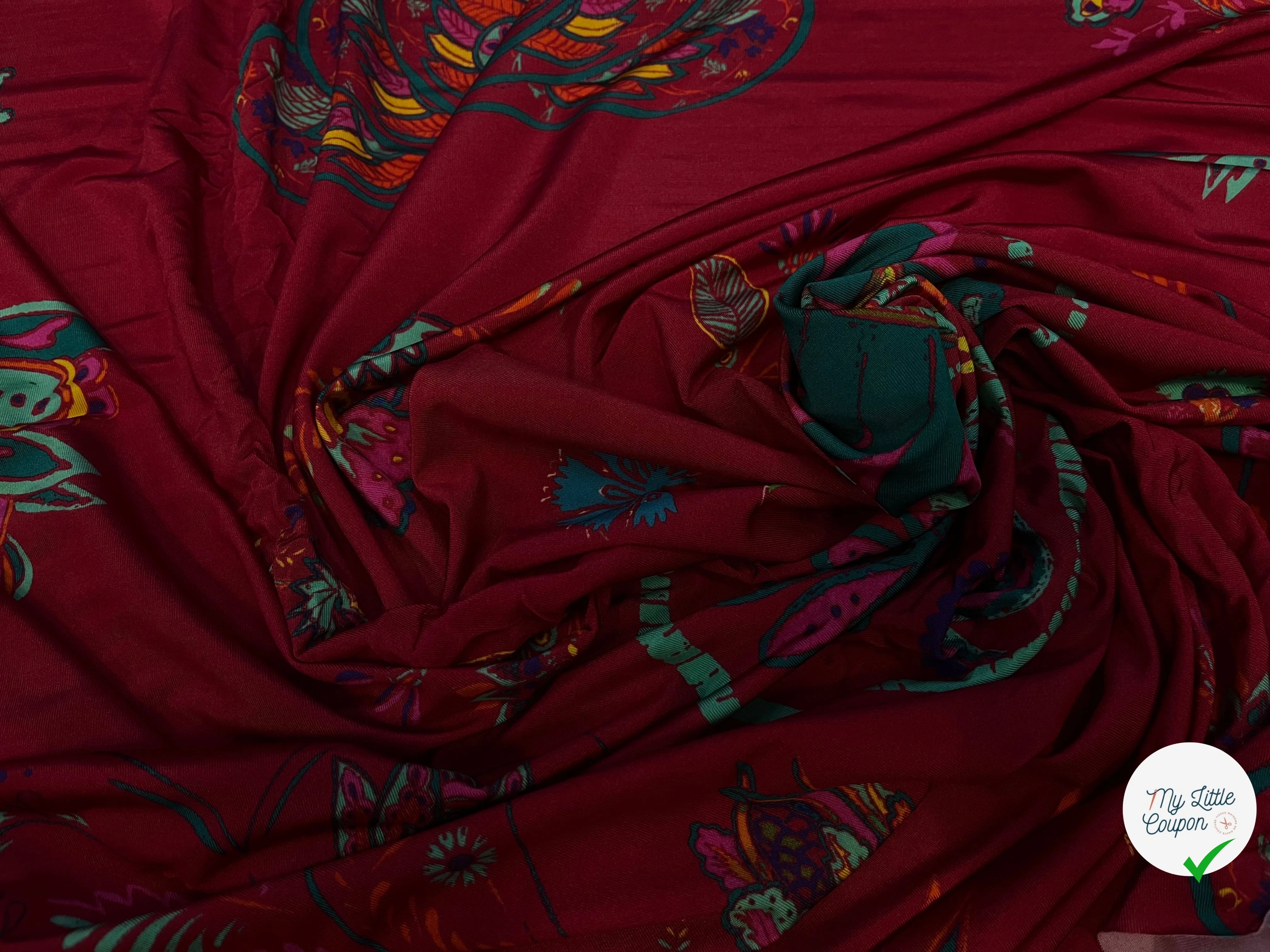 MAILLE VISCOSE BORDEAUX À MOTIFS COEURS ET FEUILLAGES - My Little Coupon