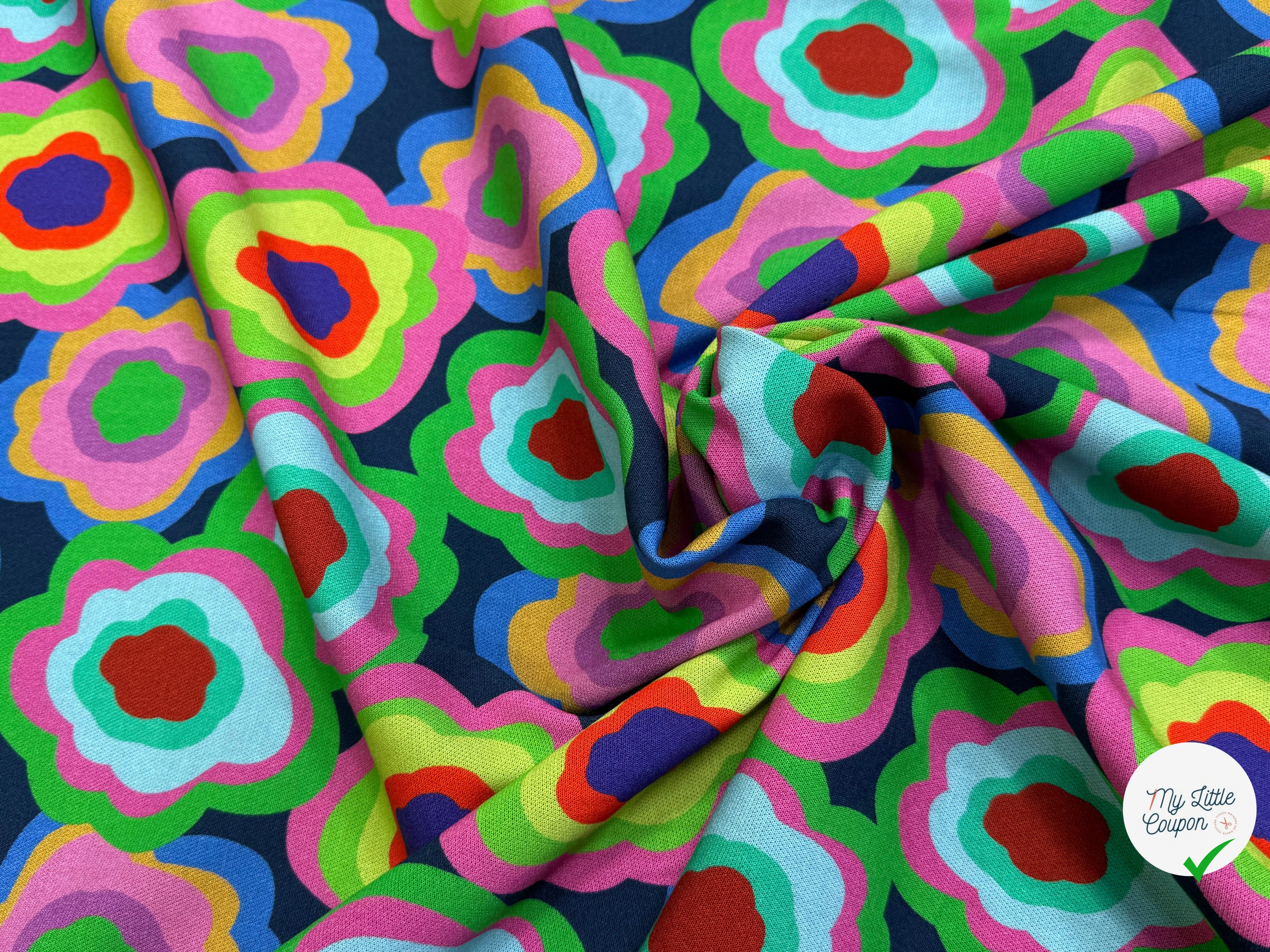 MAILLE VISCOSE STRETCH IMPRIMÉ FLEURS PSYCHÉDÉLIQUES MISTERY FLOWER POWER - My Little Coupon