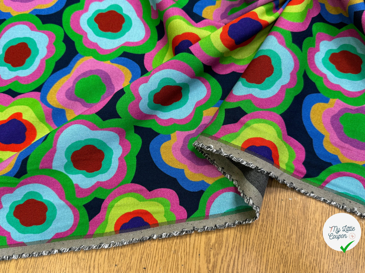 MAILLE VISCOSE STRETCH IMPRIMÉ FLEURS PSYCHÉDÉLIQUES MISTERY FLOWER POWER - My Little Coupon