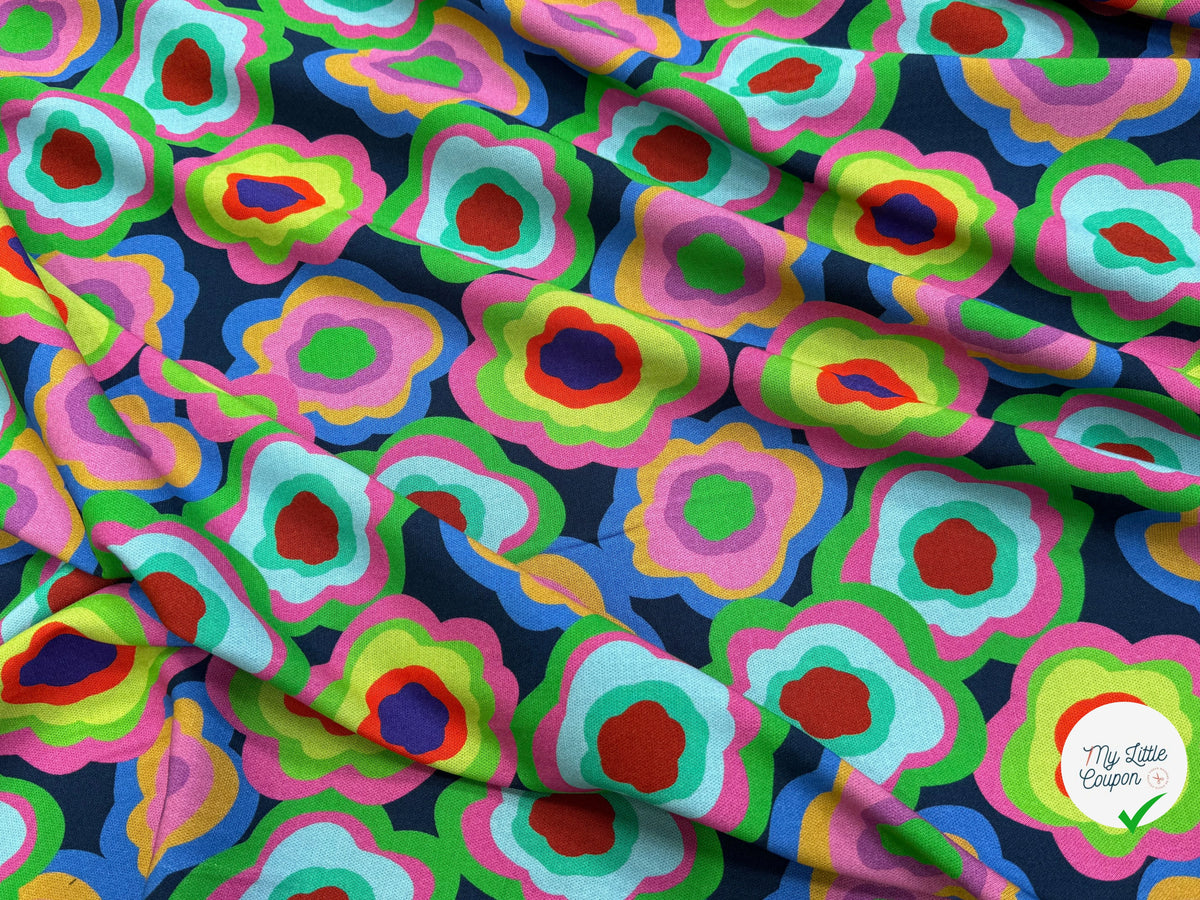 MAILLE VISCOSE STRETCH IMPRIMÉ FLEURS PSYCHÉDÉLIQUES MISTERY FLOWER POWER - My Little Coupon