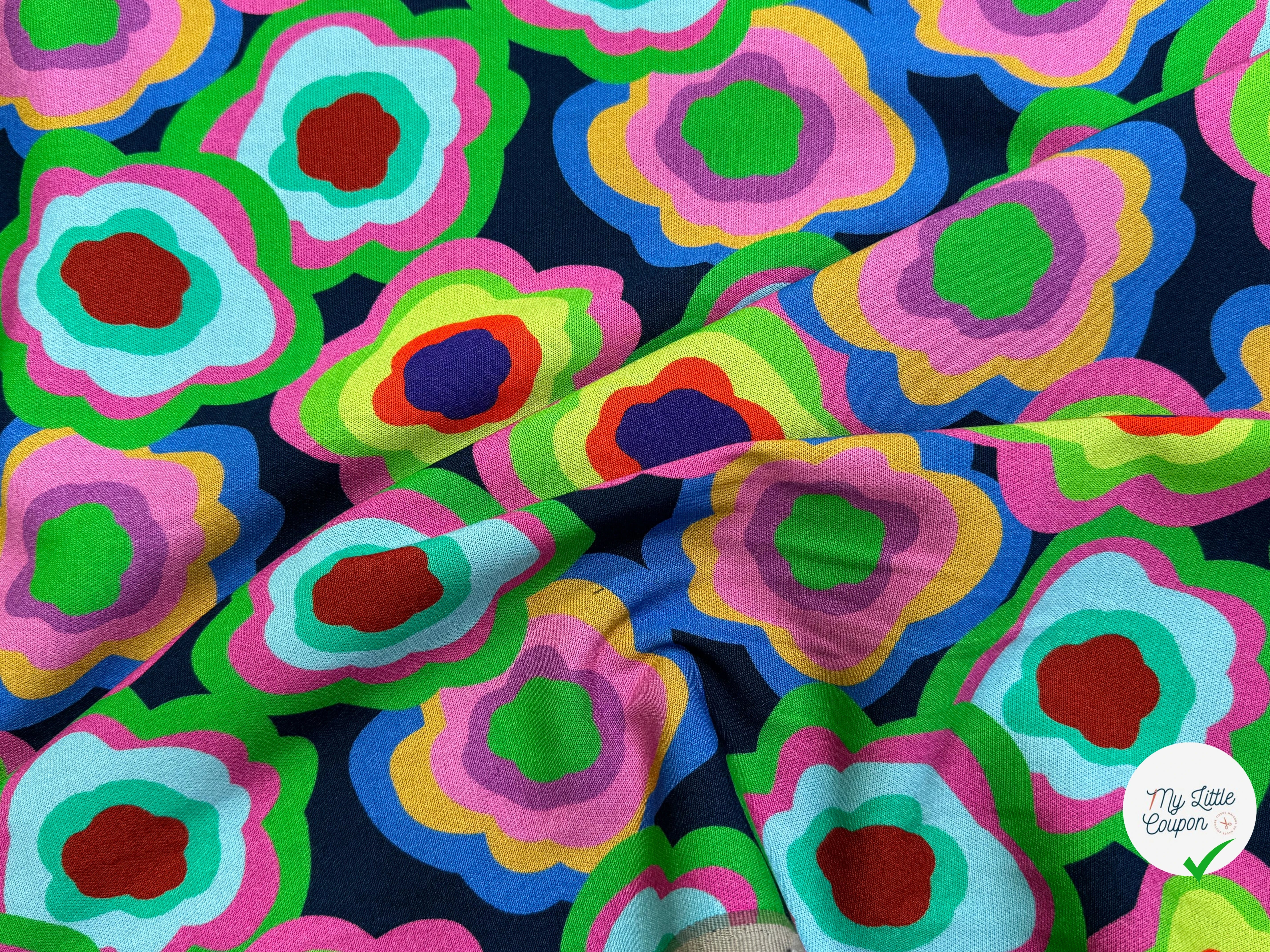 MAILLE VISCOSE STRETCH IMPRIMÉ FLEURS PSYCHÉDÉLIQUES MISTERY FLOWER POWER - My Little Coupon