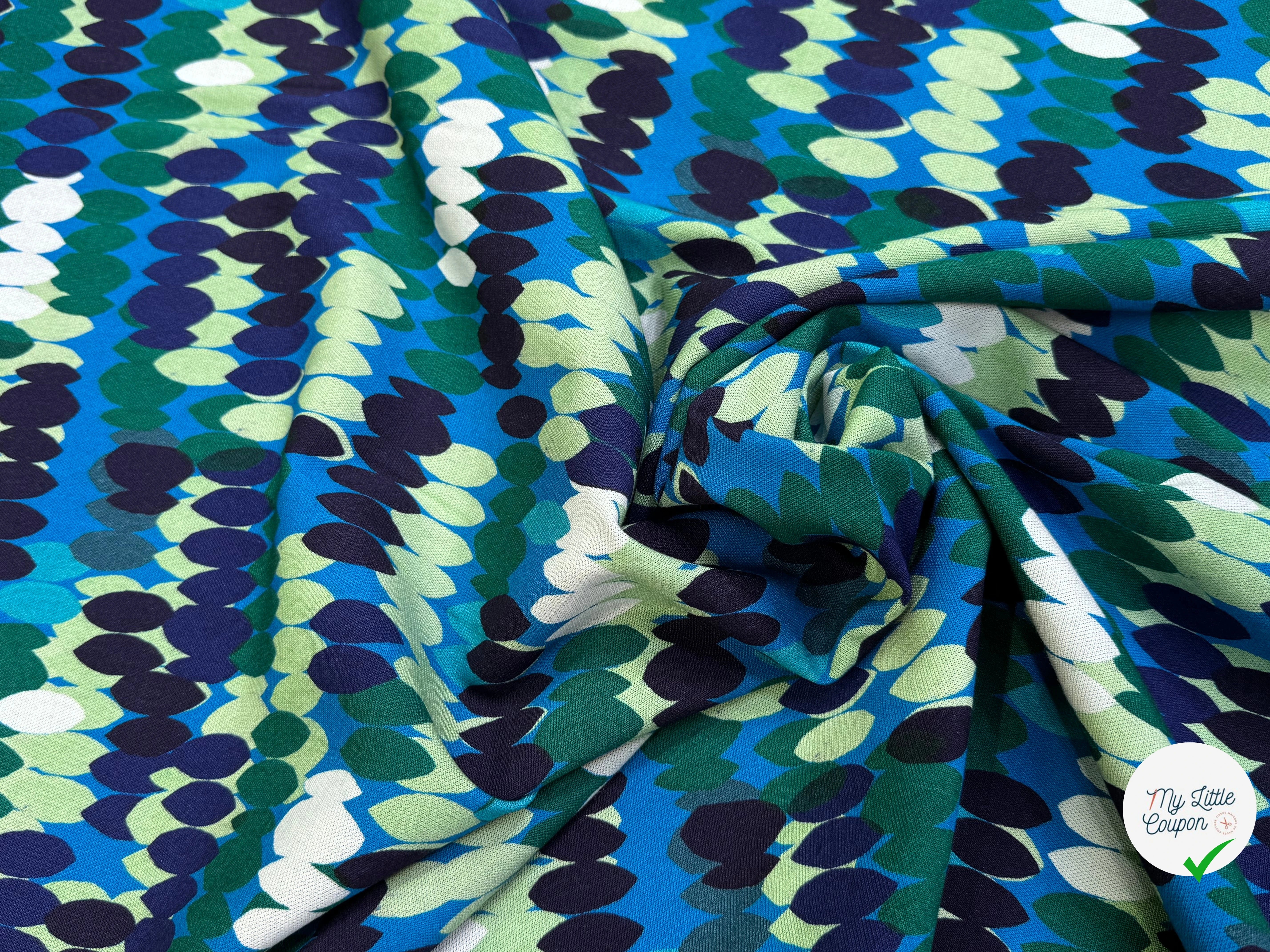MAILLE VISCOSE STRETCH IMPRIMÉ OLIVES BLEU MISTERY EN RANG BLEU - My Little Coupon