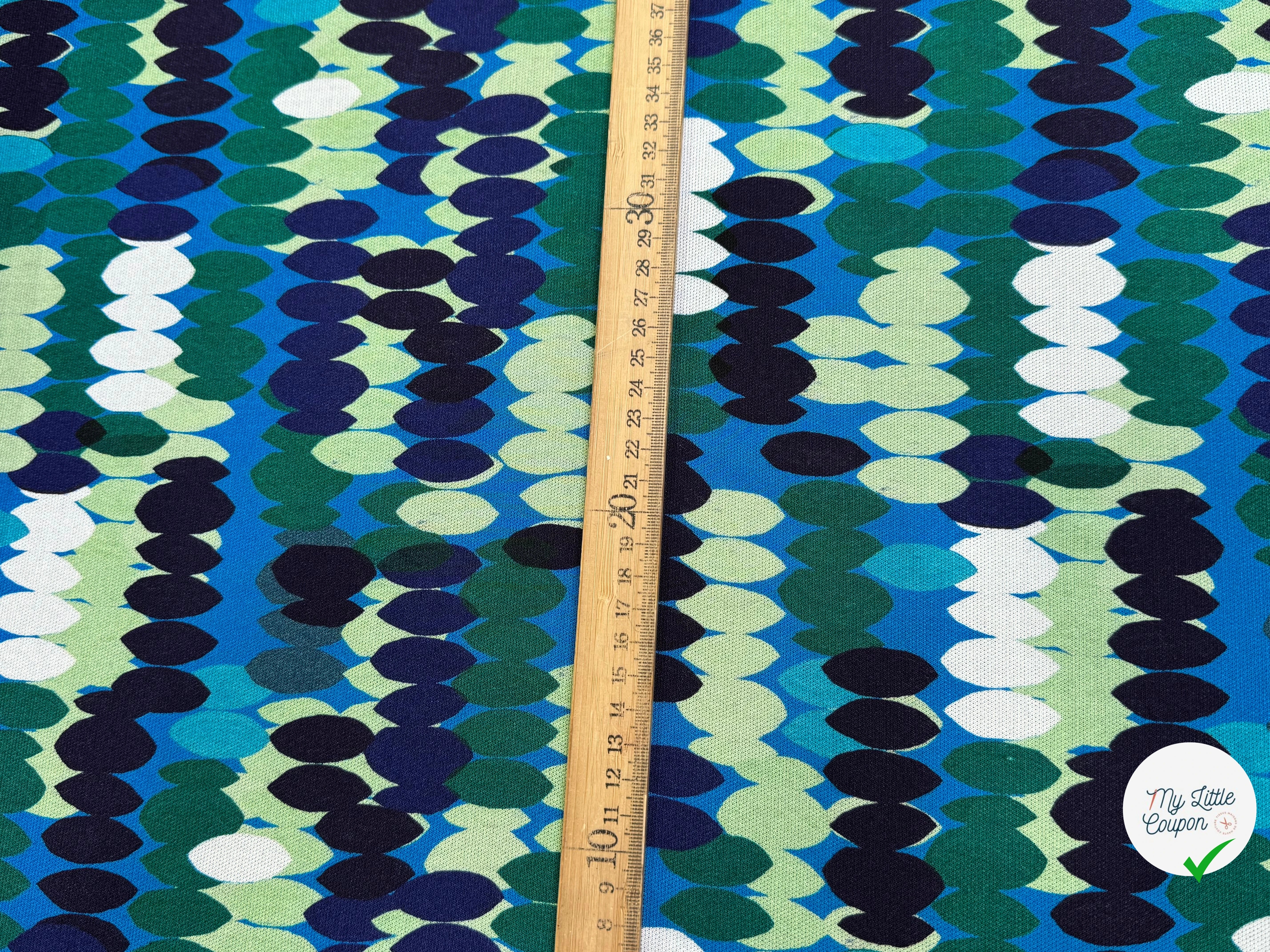 MAILLE VISCOSE STRETCH IMPRIMÉ OLIVES BLEU MISTERY EN RANG BLEU - My Little Coupon
