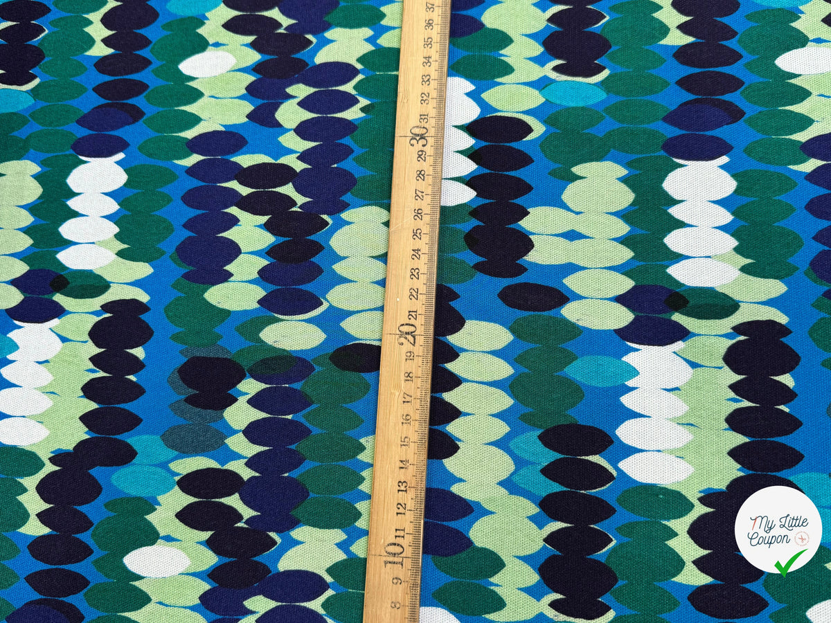 MAILLE VISCOSE STRETCH IMPRIMÉ OLIVES BLEU MISTERY EN RANG BLEU - My Little Coupon