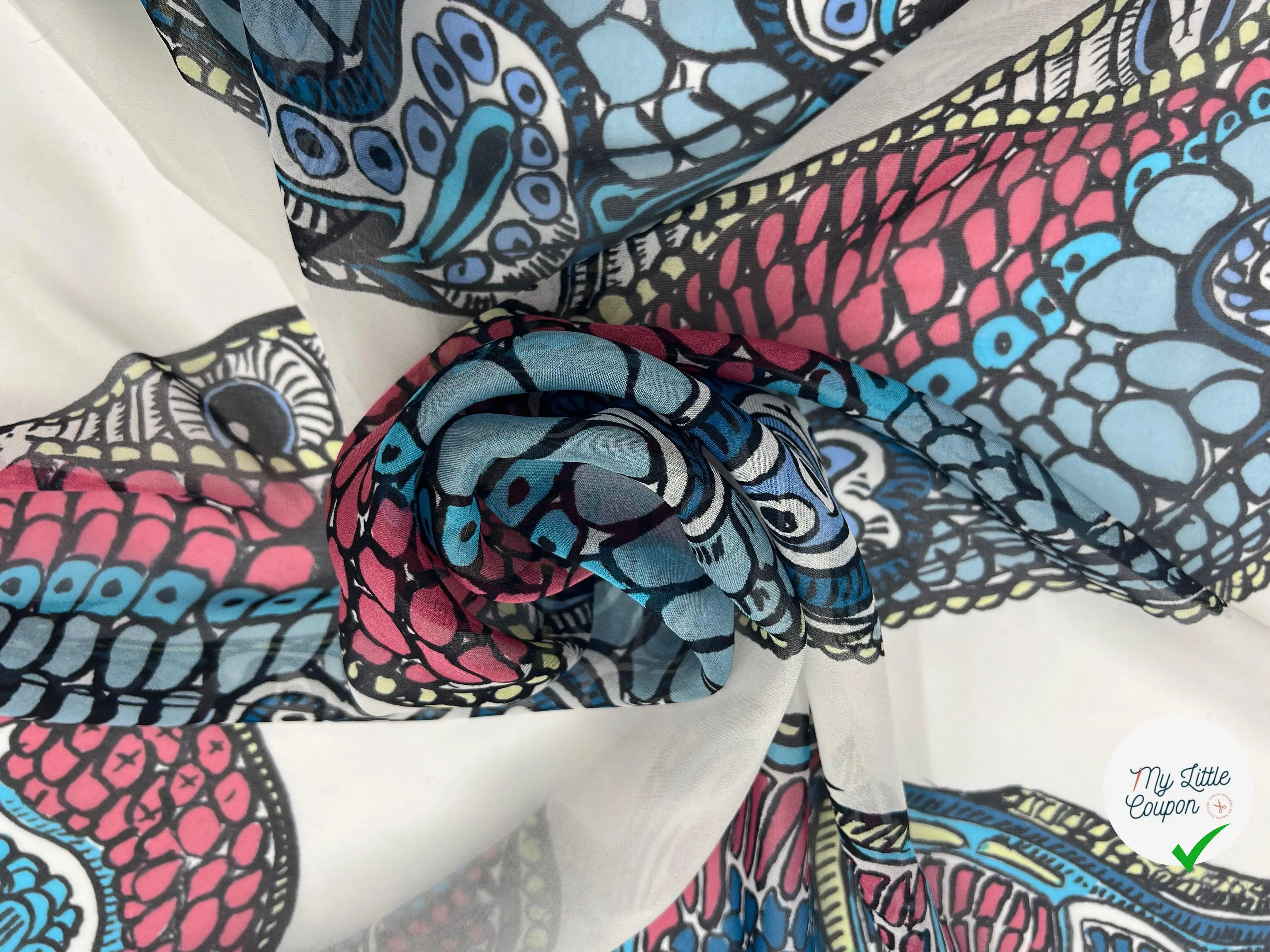 MOUSSELINE DE SOIE IMPRIMÉ SNAKE MULTICOLORE BLUE - My Little Coupon - tissu - coudre
