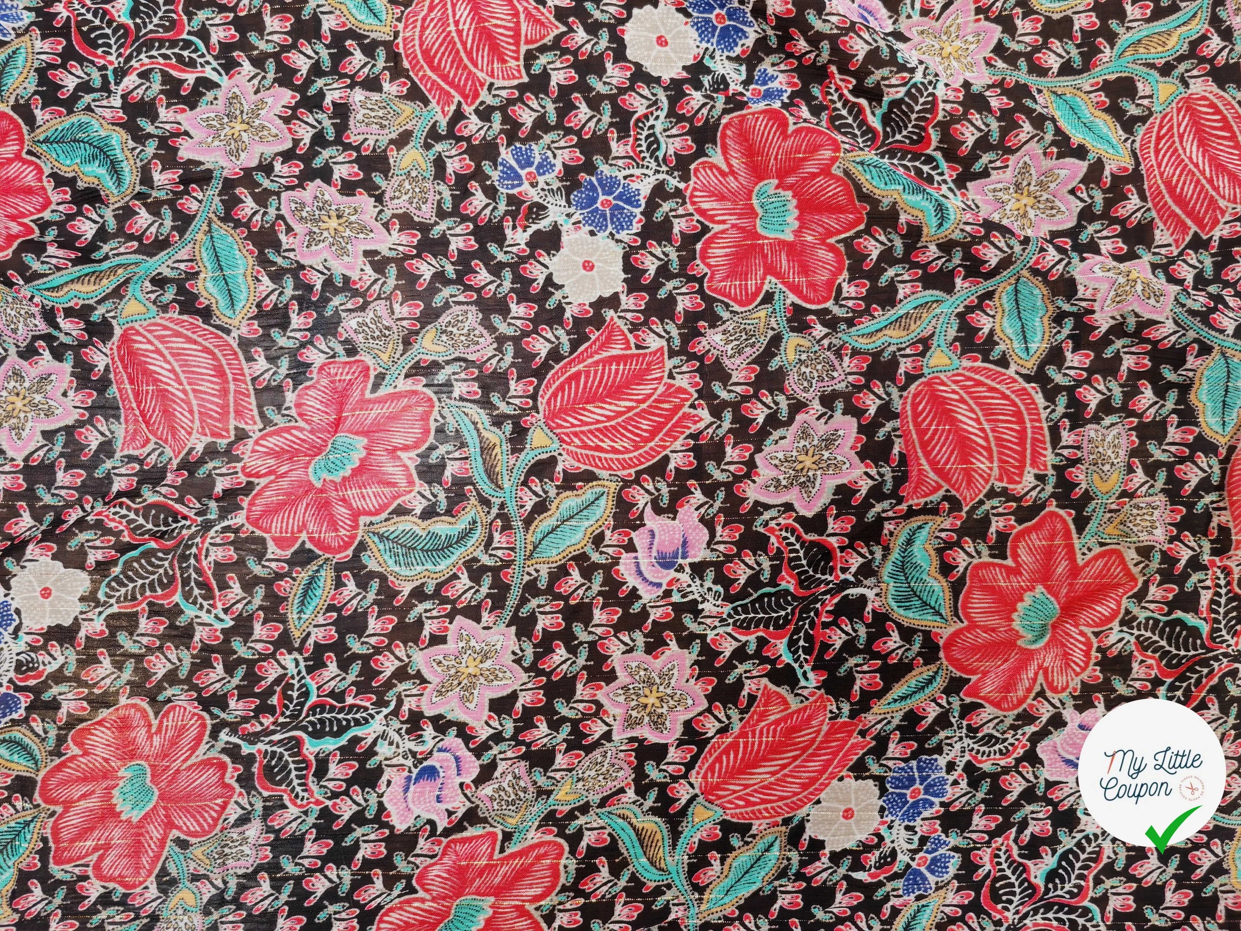 MOUSSELINE FLEURS ORIENTALES FOND NOIR - My Little Coupon