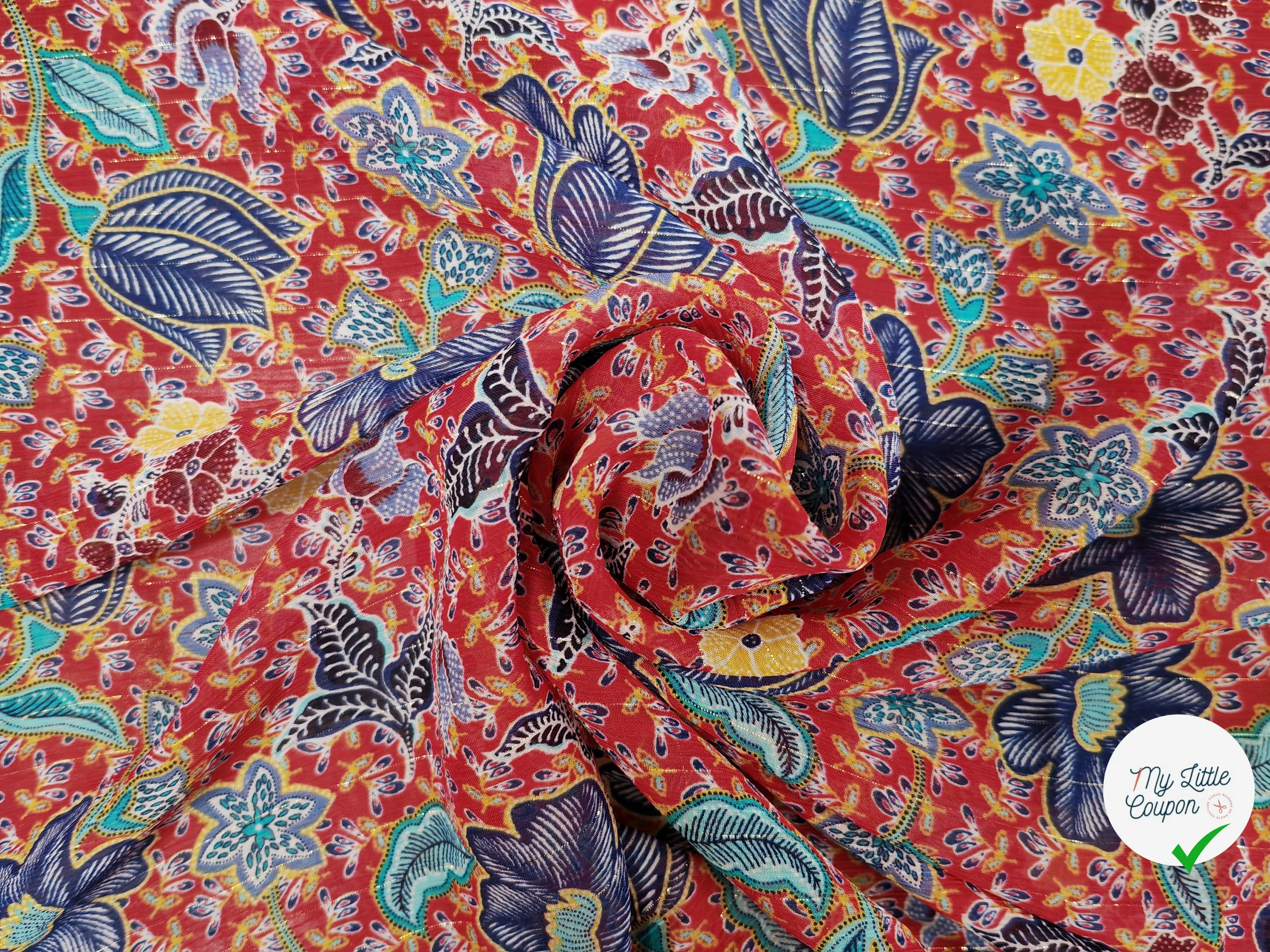 MOUSSELINE FLEURS ORIENTALES FOND ROUGE - My Little Coupon