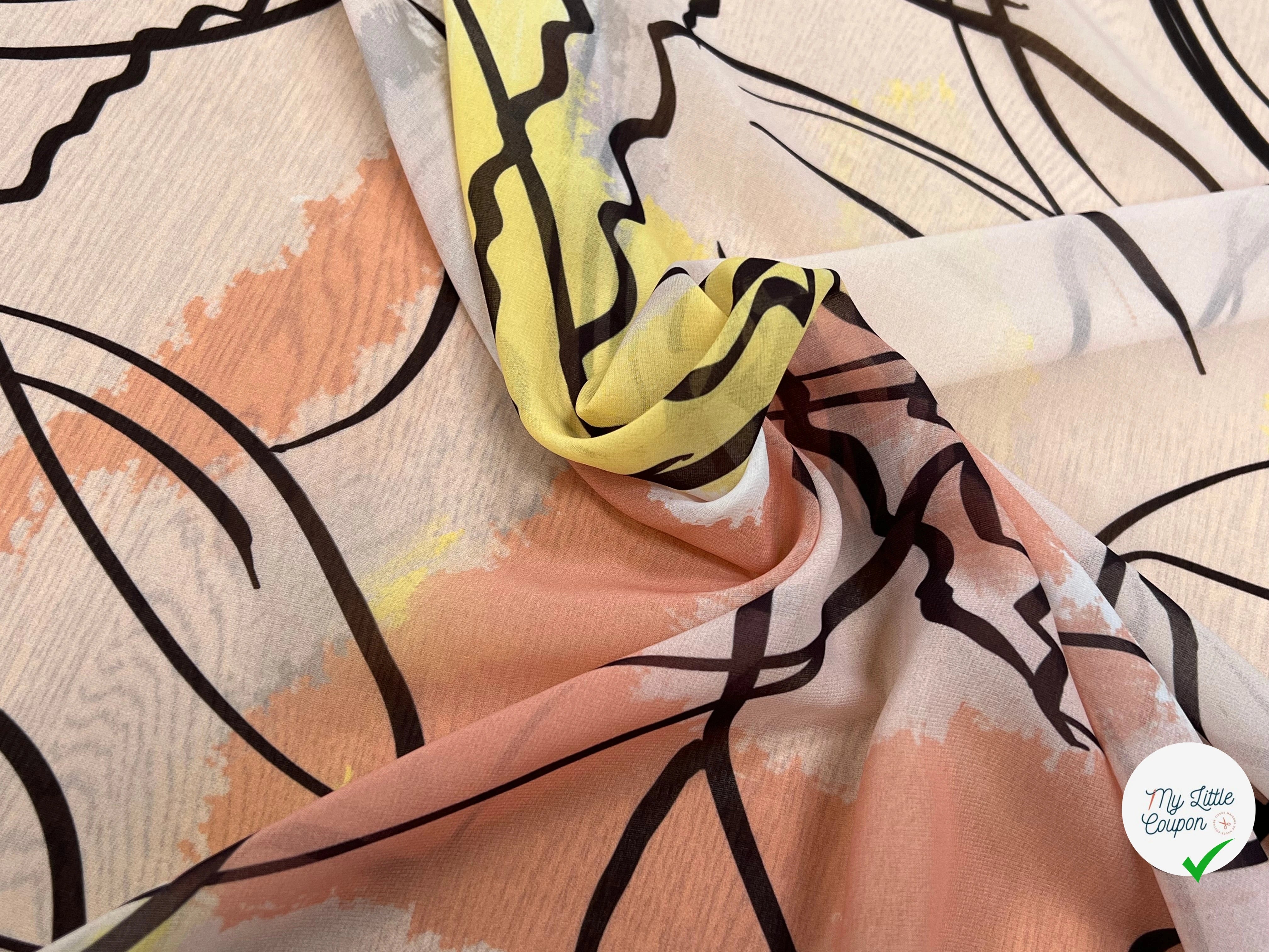 MOUSSELINE JAUNE MARRON MOTIF ABSTRAIT POLYESTER - My Little Coupon