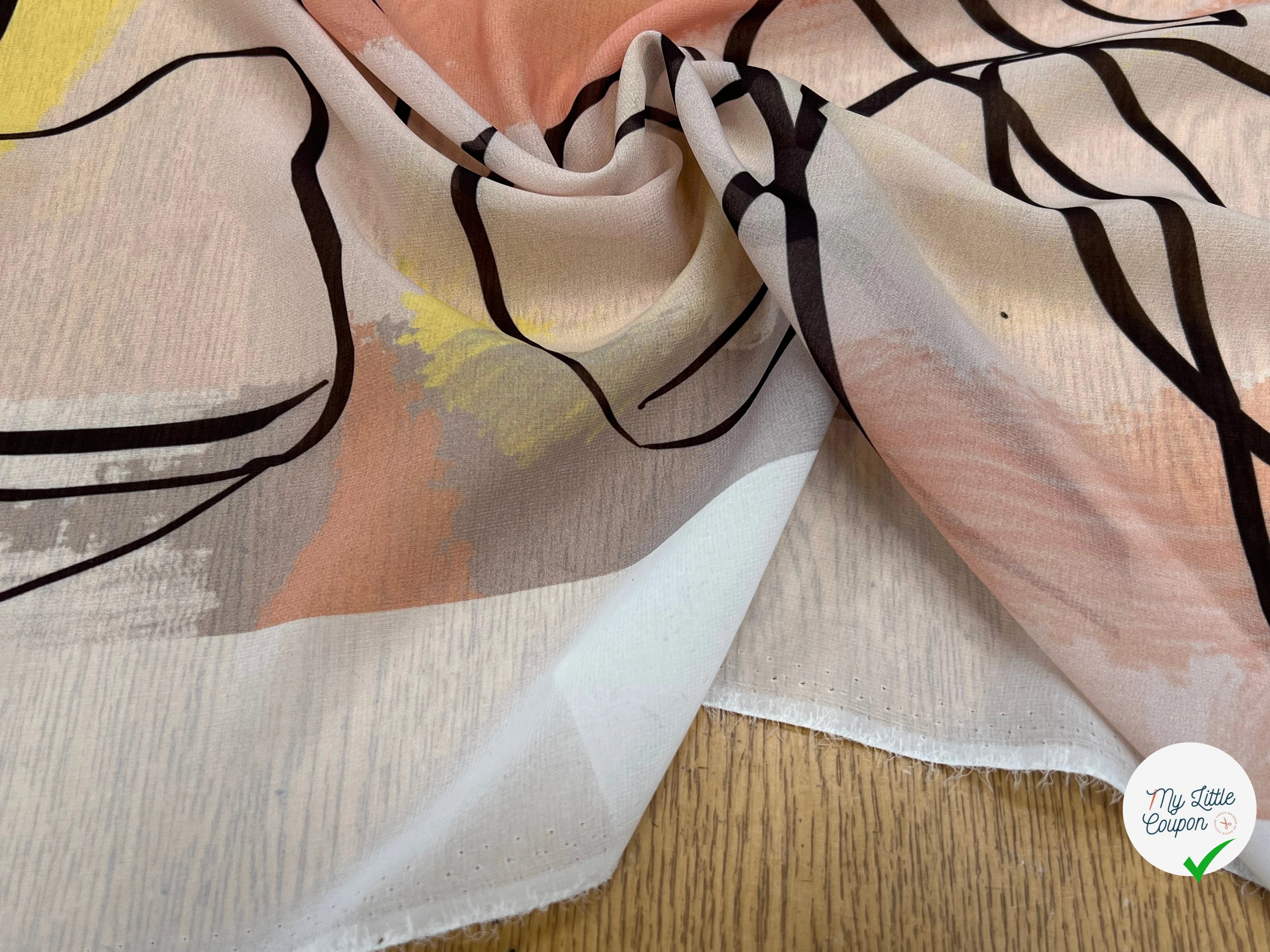 MOUSSELINE JAUNE MARRON MOTIF ABSTRAIT POLYESTER - My Little Coupon