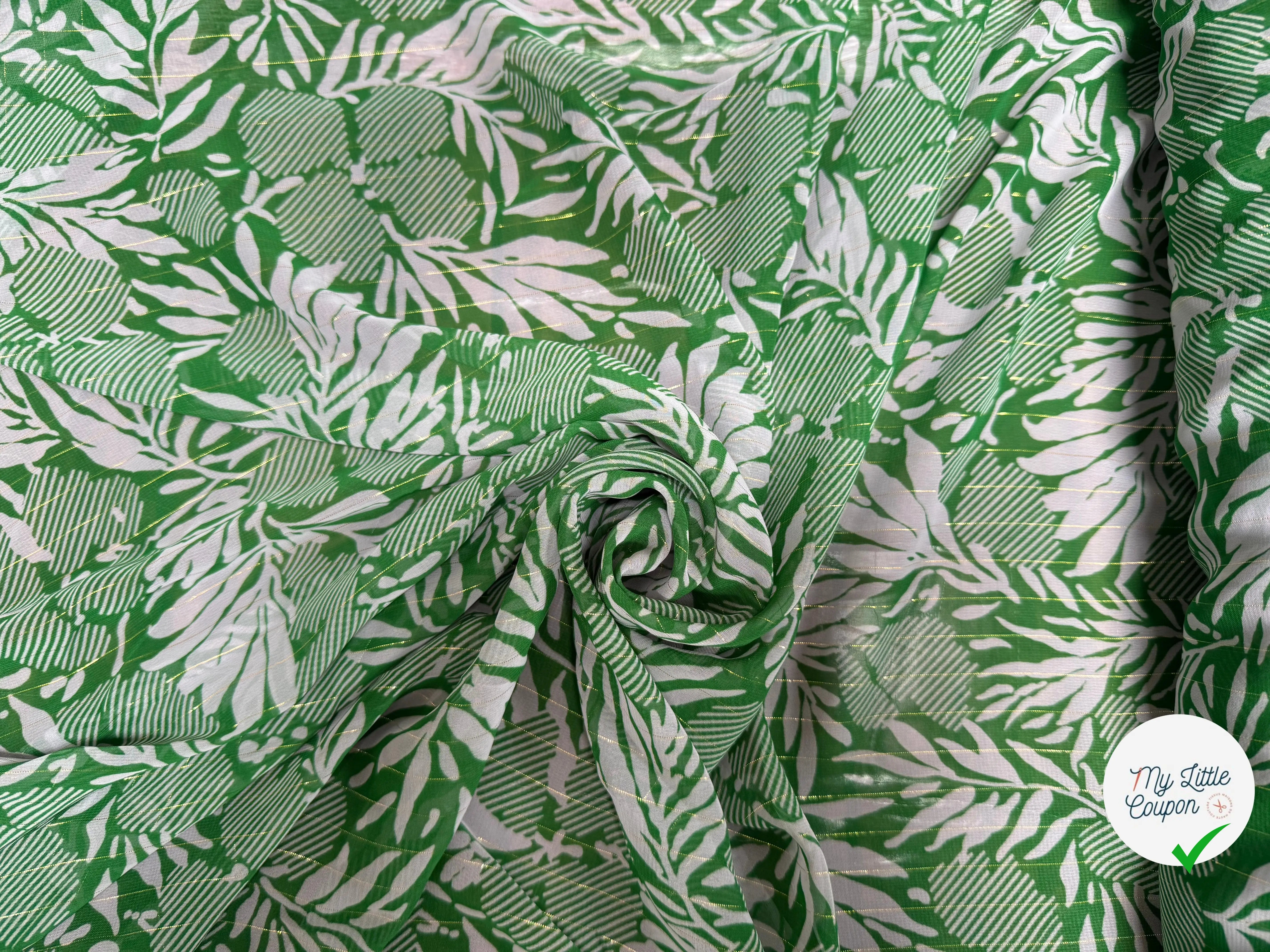 MOUSSELINE MOTIF FEUILLAGES VERT 100% POLYESTER - My Little Coupon