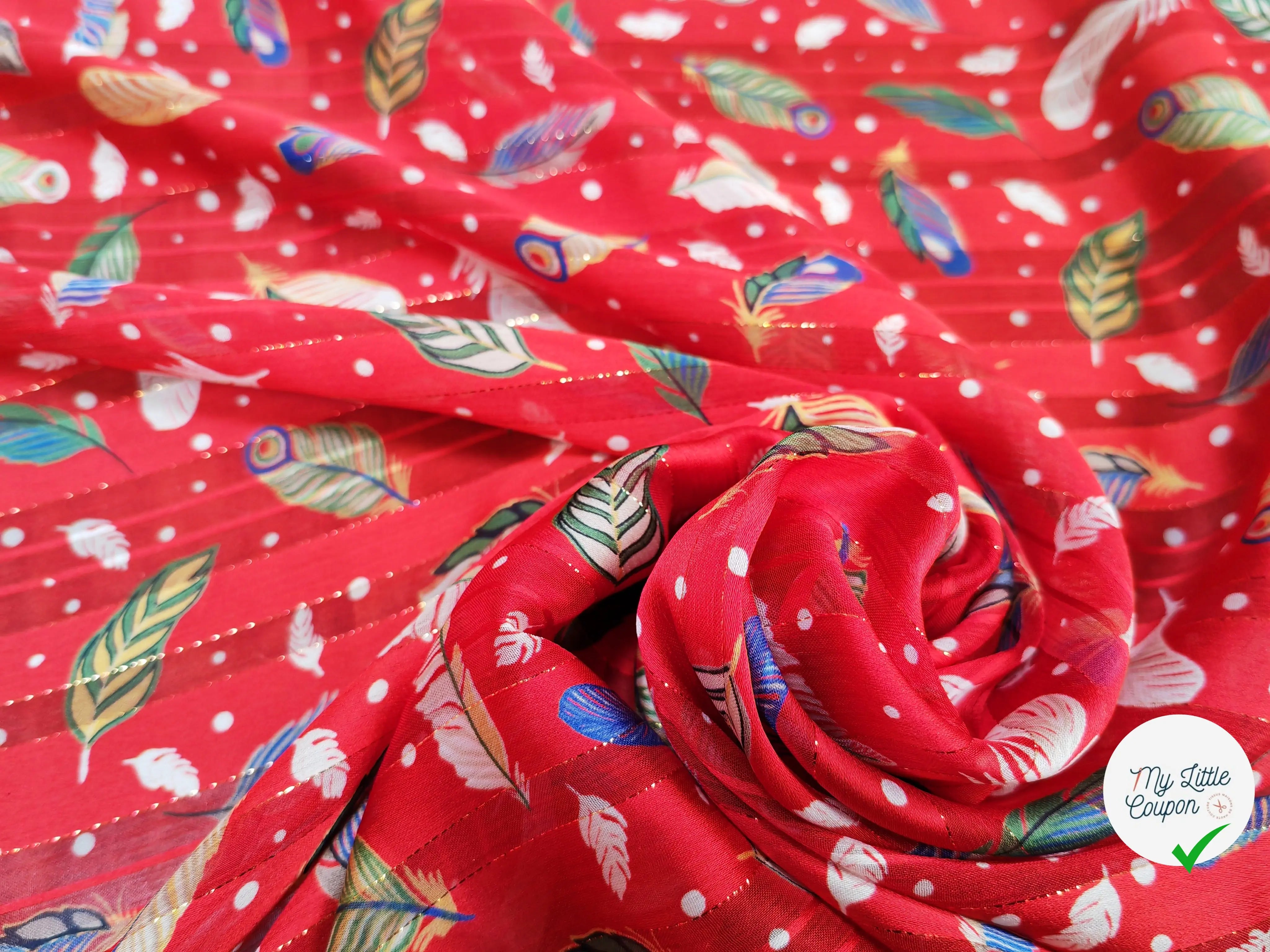 MOUSSELINE OSLOW PLUMES MULTICOLORE FOND ROUGE - My Little Coupon