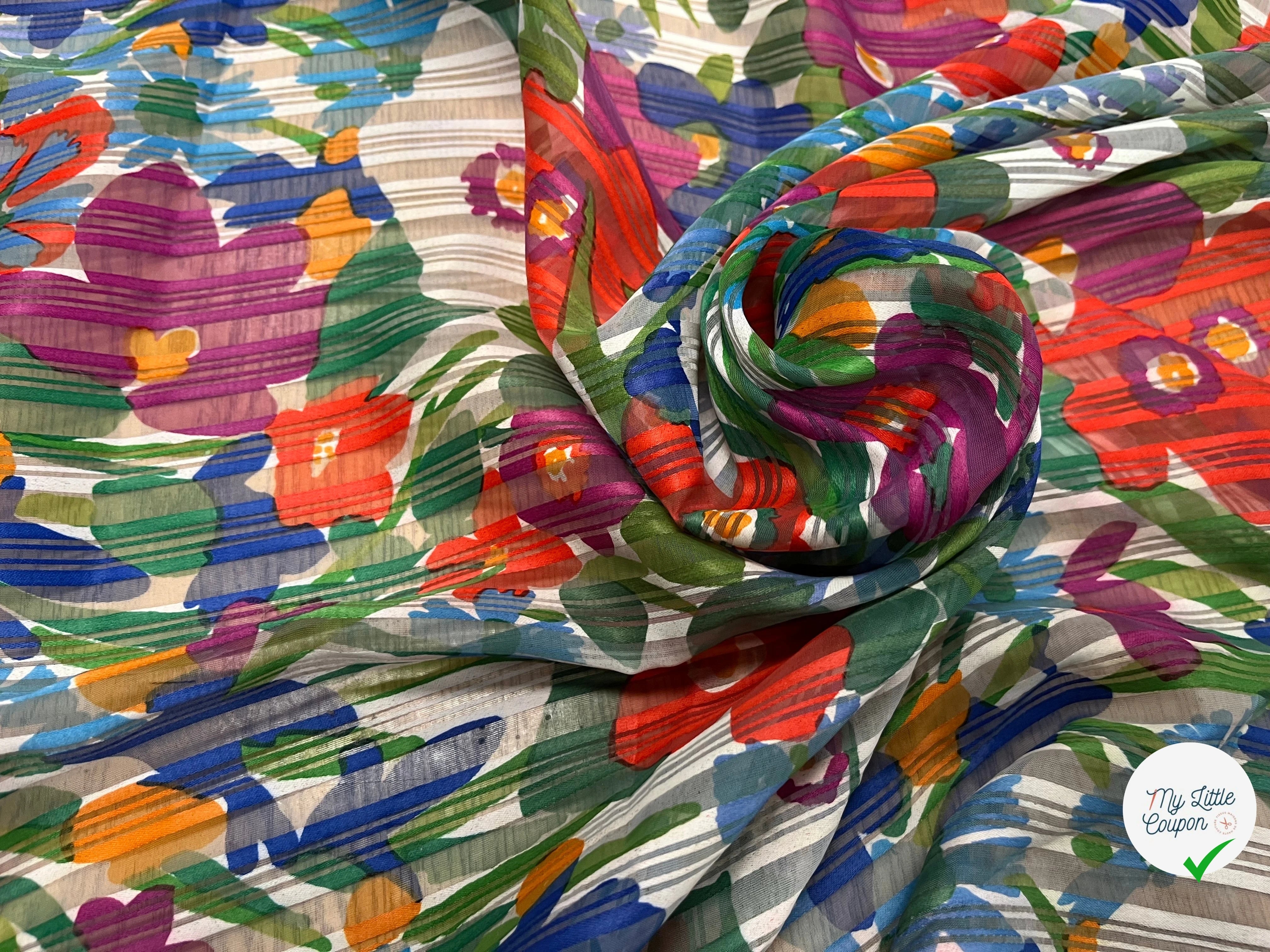 ORGANZA IMPRIMÉ FLEURS MULTICOLORES AVEC DES RAYURES TEXTURÉES - My Little Coupon