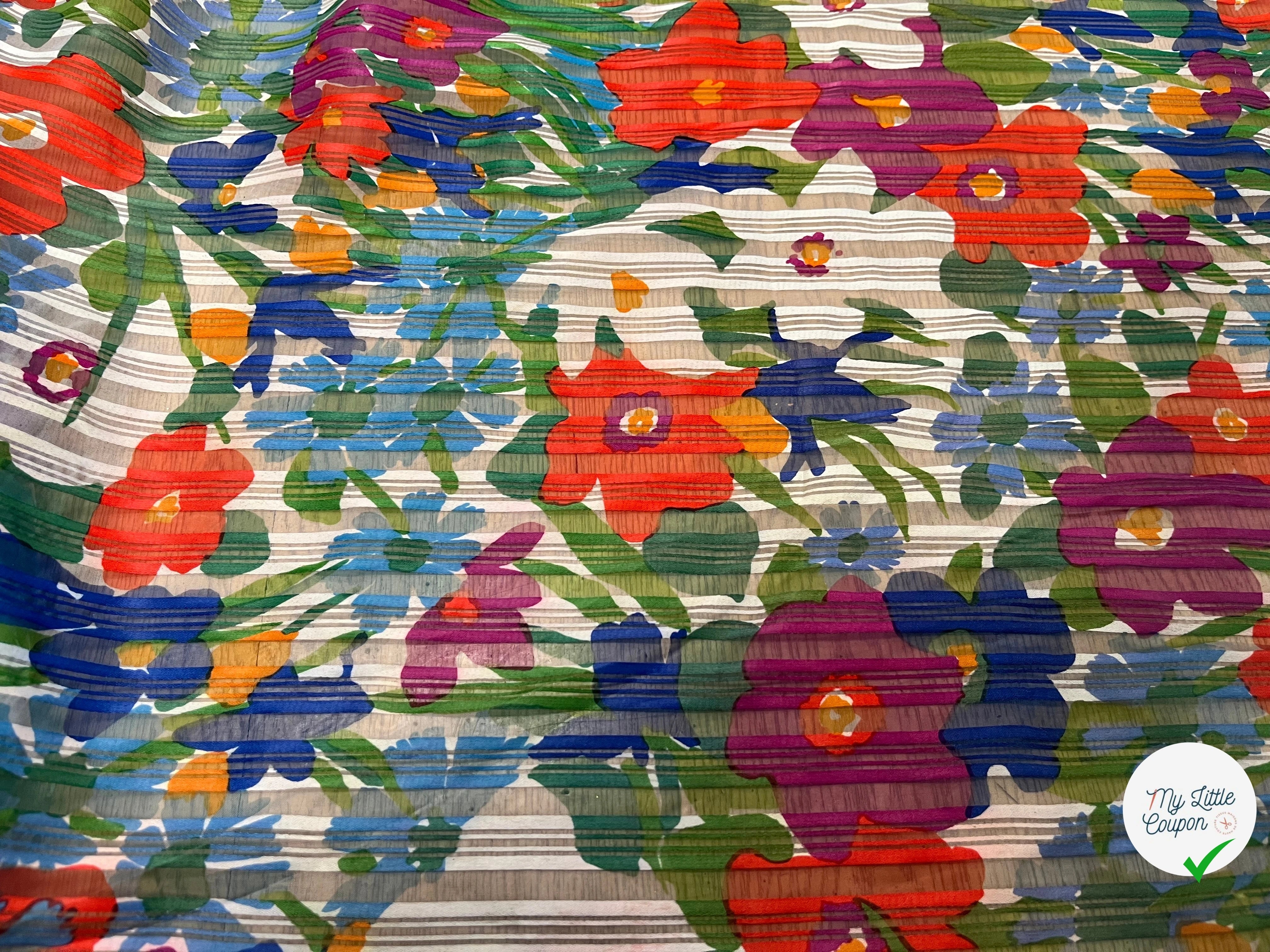 ORGANZA IMPRIMÉ FLEURS MULTICOLORES AVEC DES RAYURES TEXTURÉES - My Little Coupon
