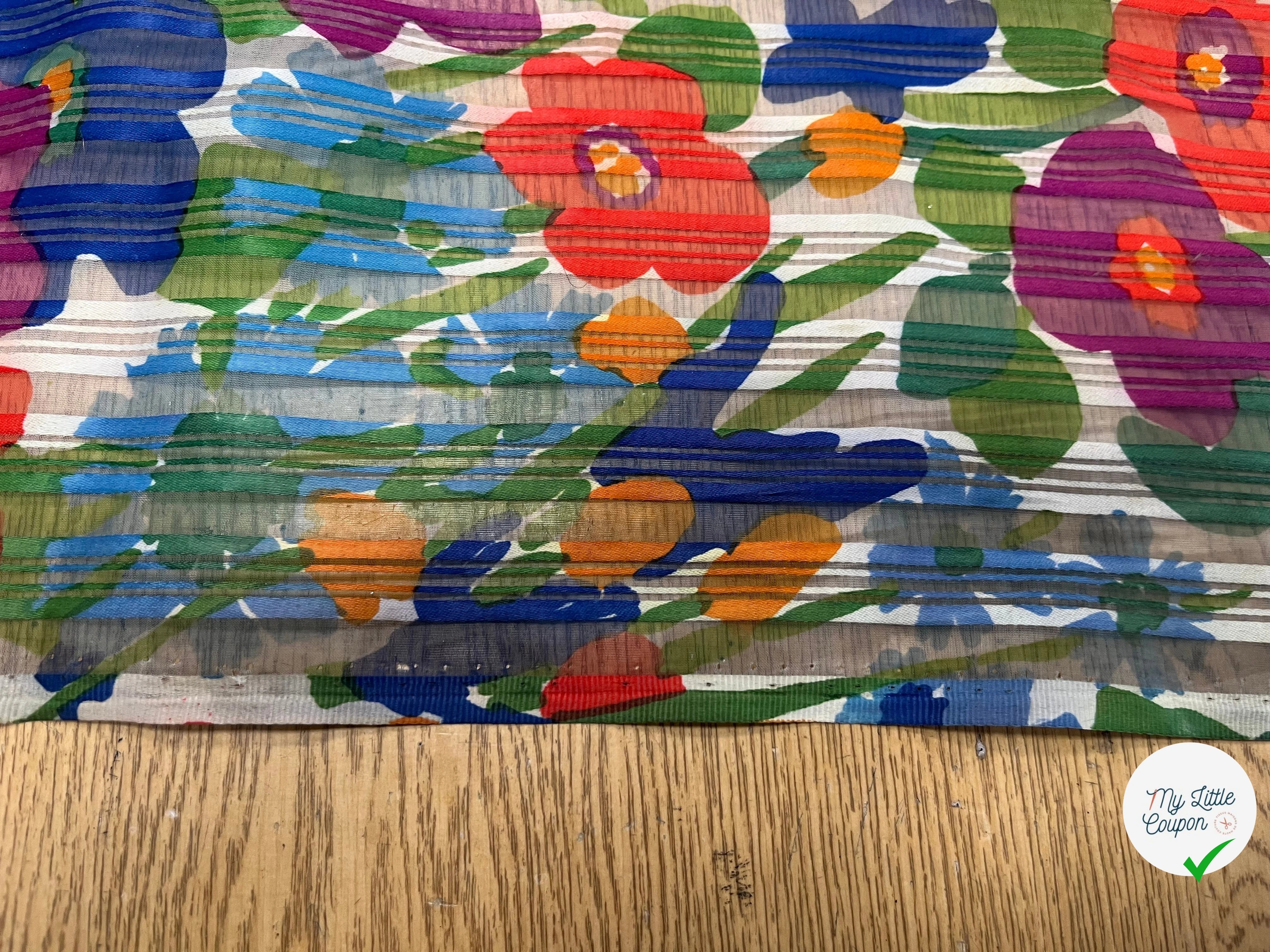 ORGANZA IMPRIMÉ FLEURS MULTICOLORES AVEC DES RAYURES TEXTURÉES - My Little Coupon