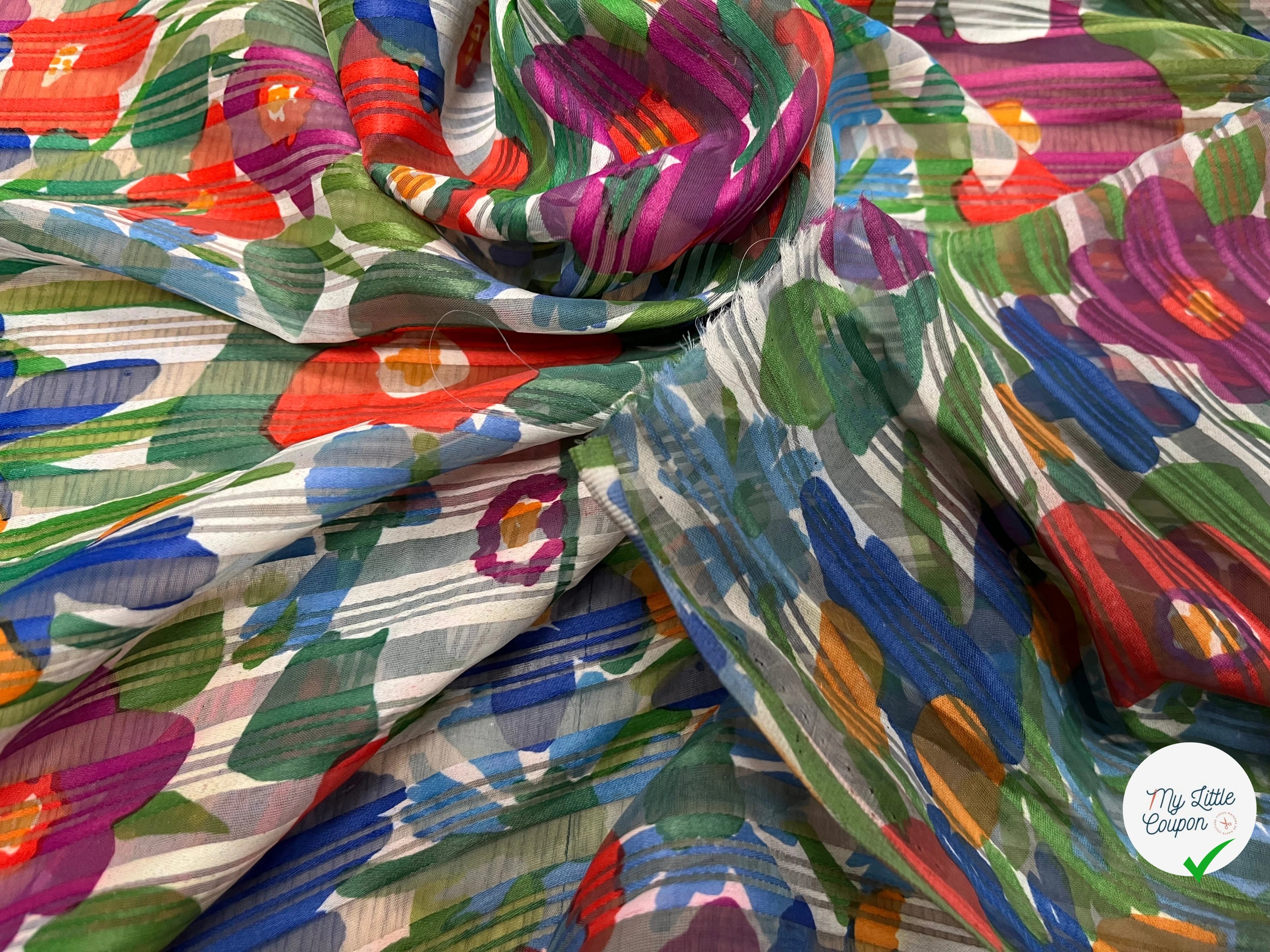 ORGANZA IMPRIMÉ FLEURS MULTICOLORES AVEC DES RAYURES TEXTURÉES - My Little Coupon
