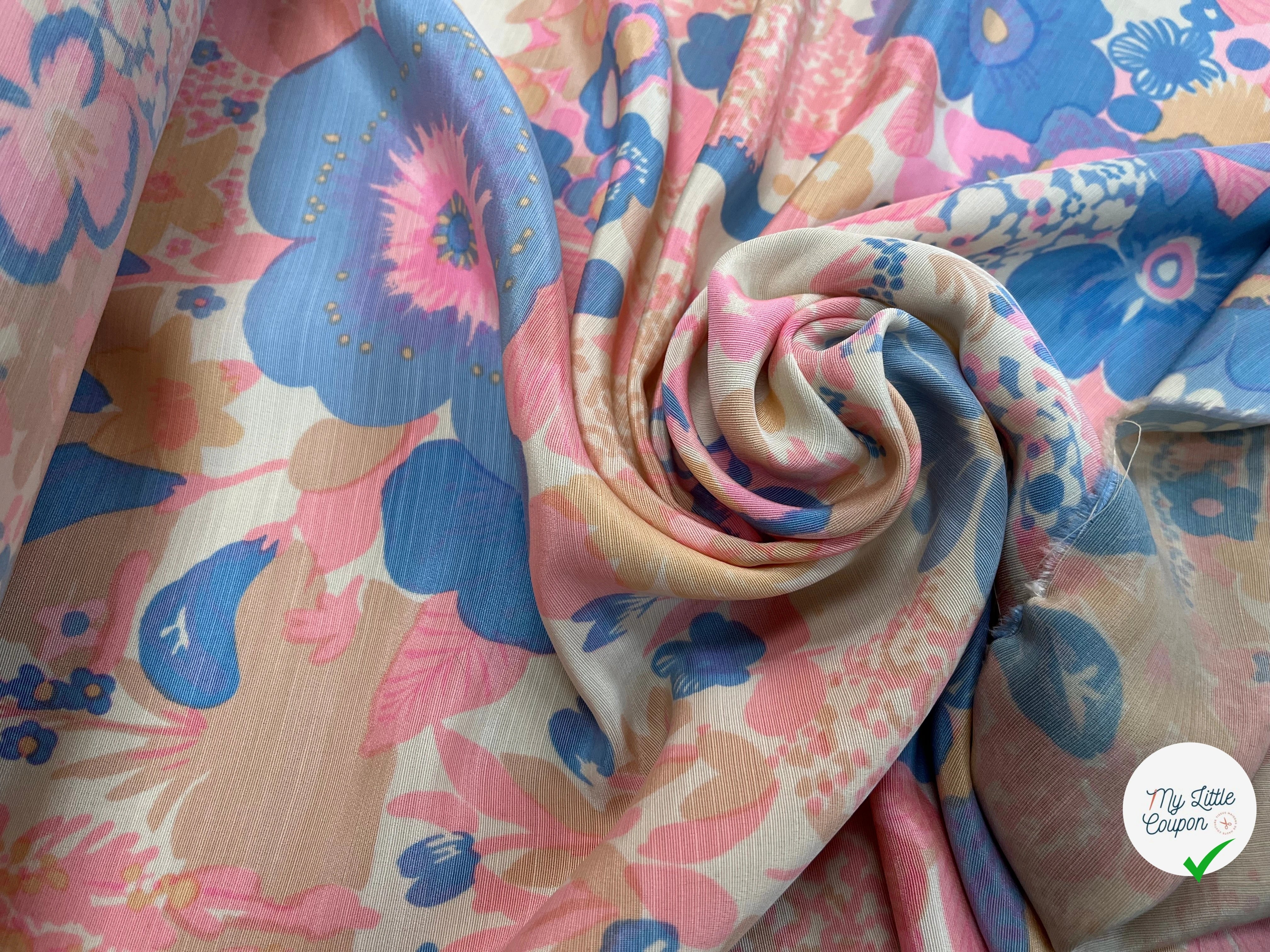 OTTOMAN LAINE VISCOSE FOND BEIGE MOTIF FLEURS ROSE BLEU 95CM - My Little Coupon