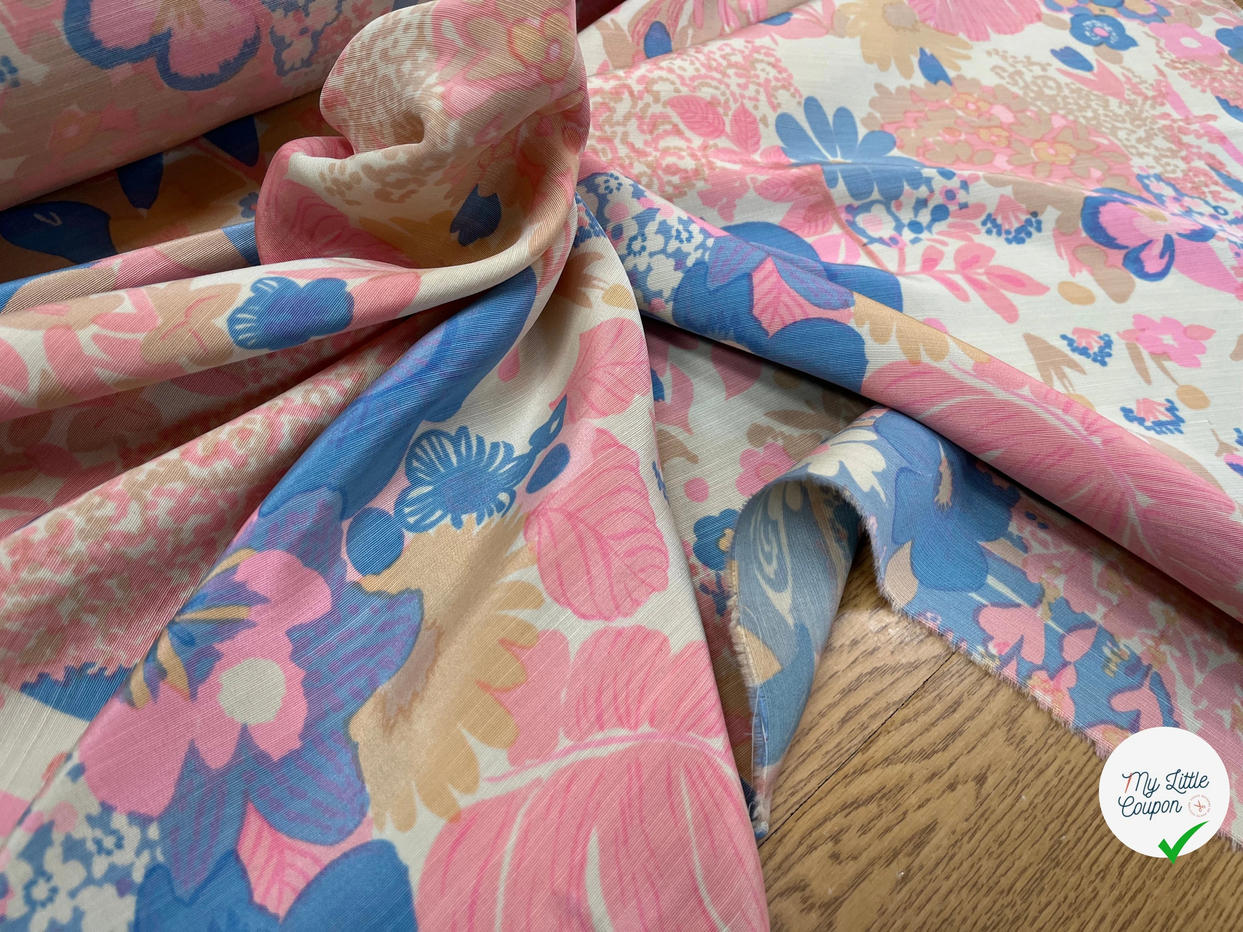 OTTOMAN LAINE VISCOSE FOND BEIGE MOTIF FLEURS ROSE BLEU 95CM - My Little Coupon