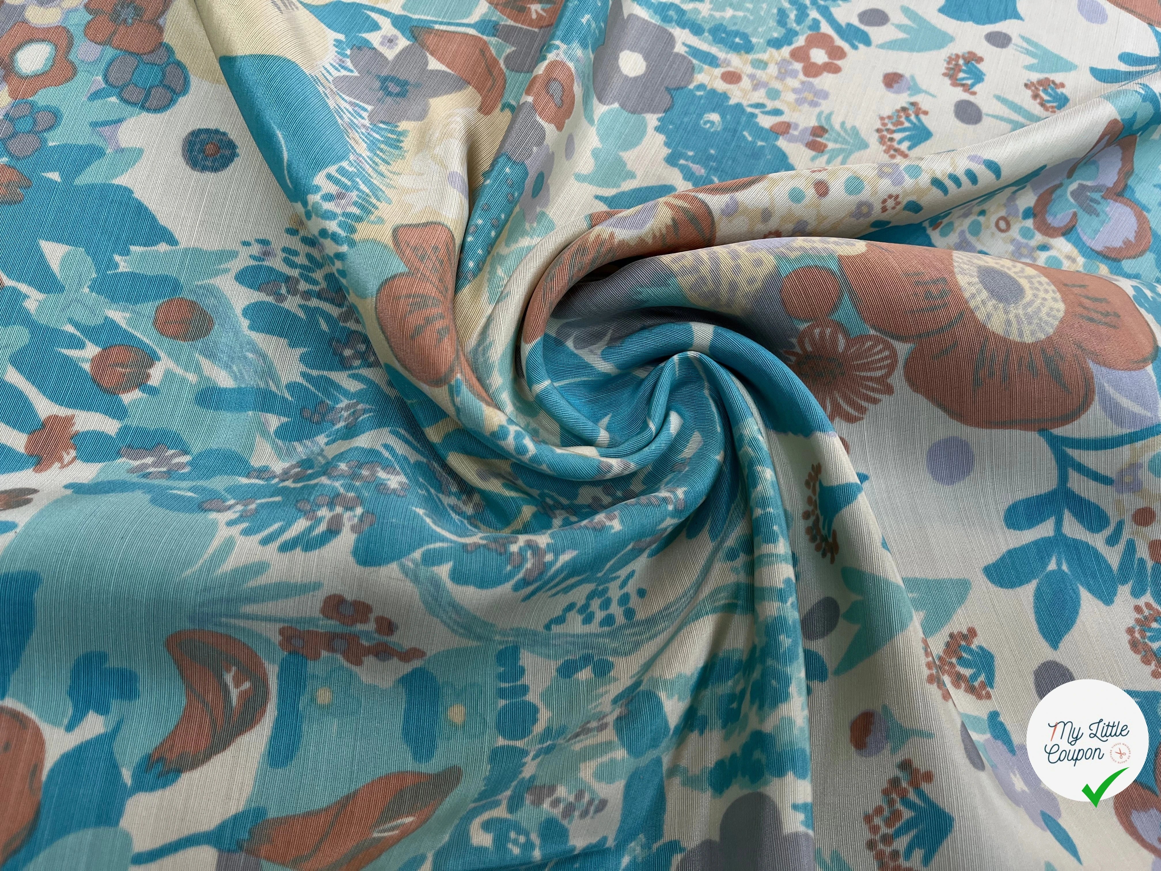 OTTOMAN LAINE VISCOSE FOND ÉCRU MOTIF FLEURS BLEU MARRON VERT 95CM - My Little Coupon