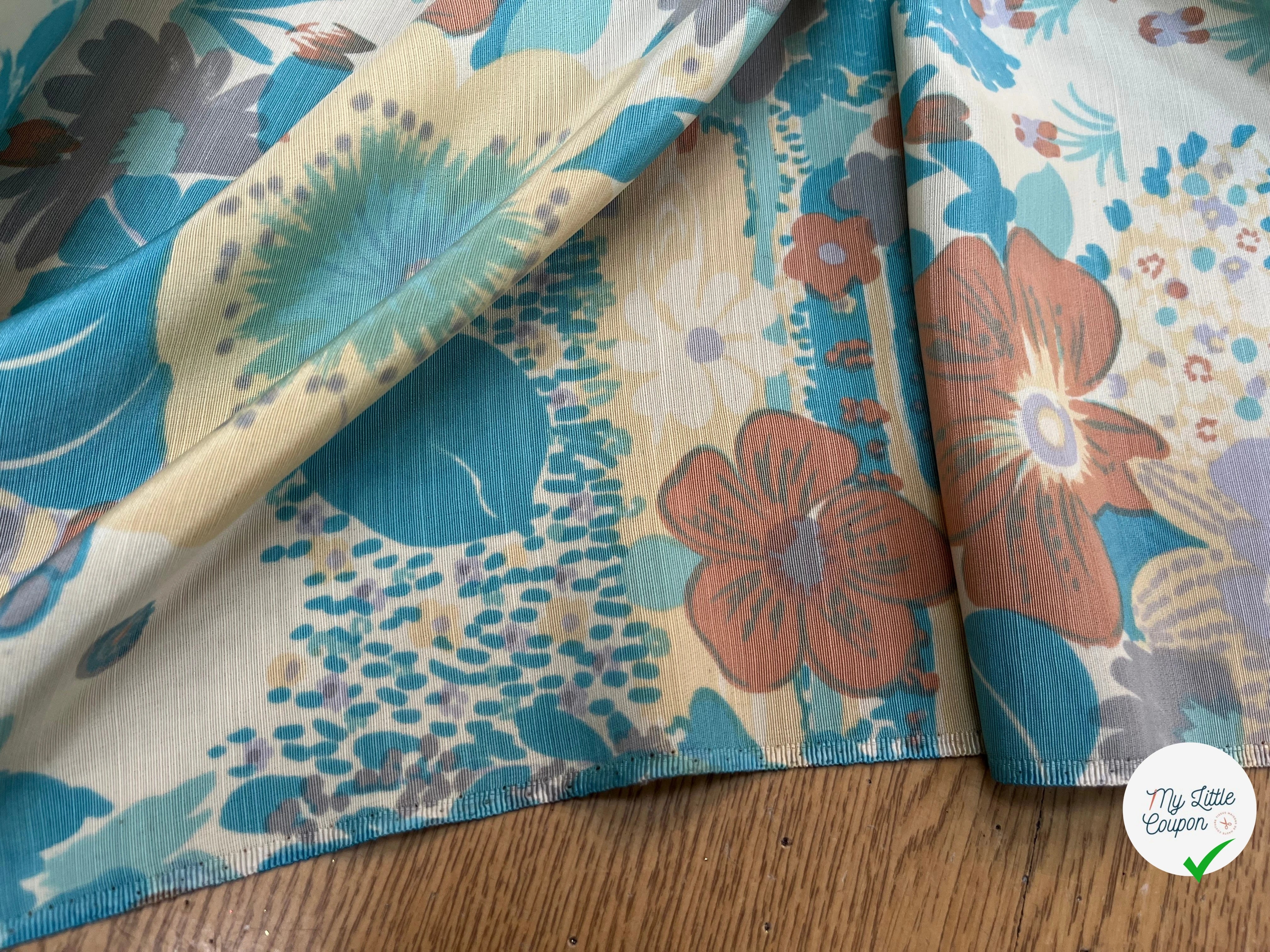 OTTOMAN LAINE VISCOSE FOND ÉCRU MOTIF FLEURS BLEU MARRON VERT 95CM - My Little Coupon