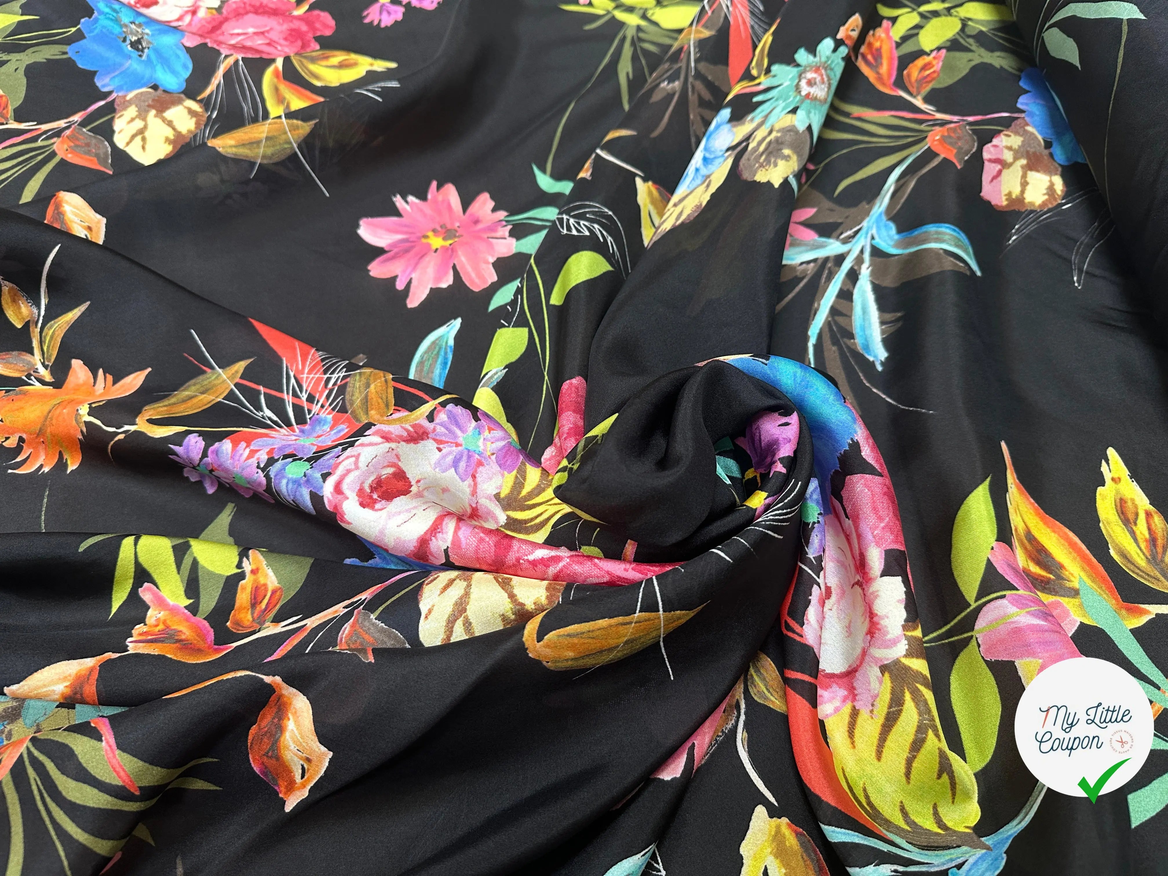PONGÉ DE SOIE FLEURS FOND NOIR - My Little Coupon