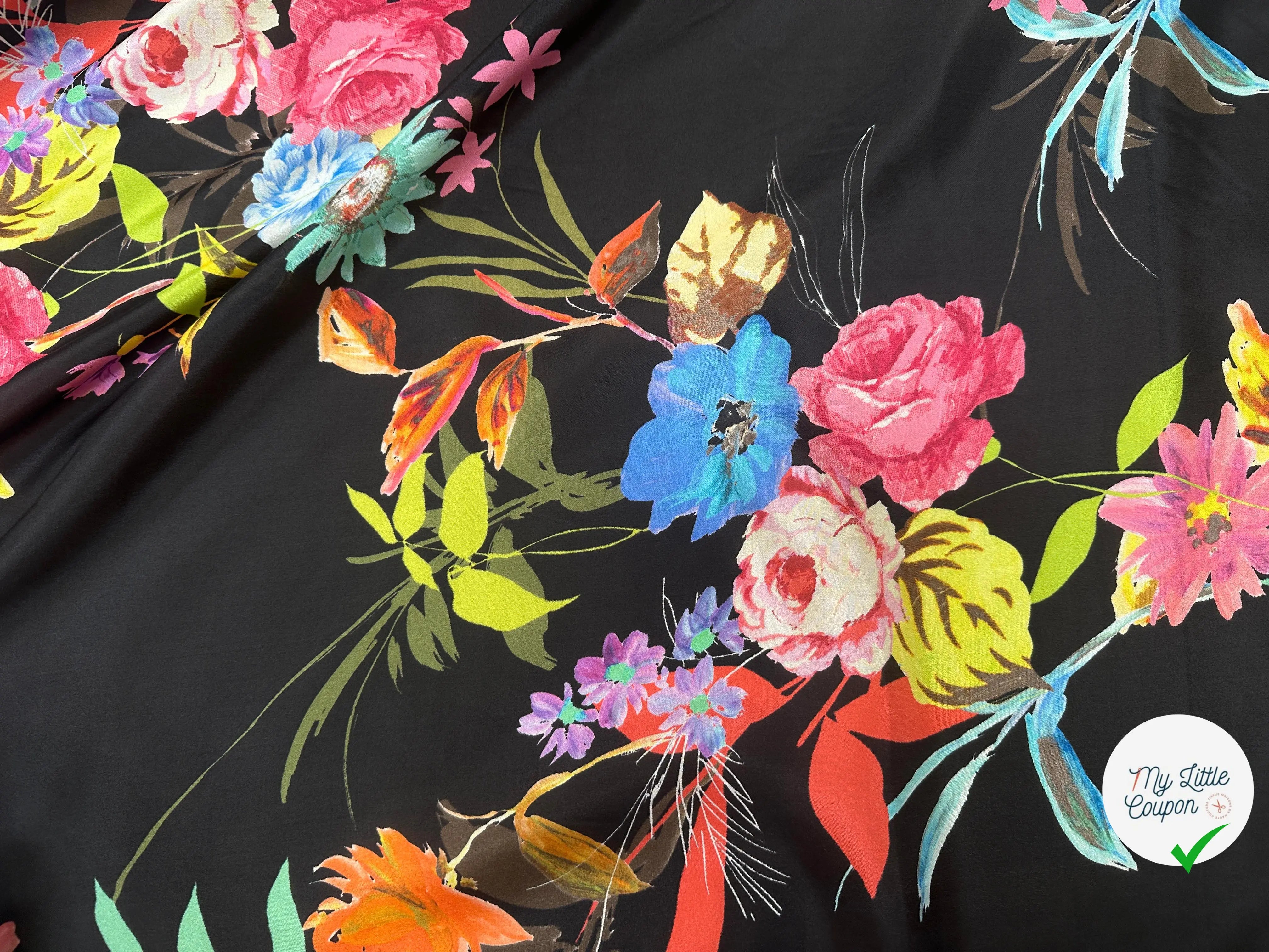 PONGÉ DE SOIE FLEURS FOND NOIR - My Little Coupon
