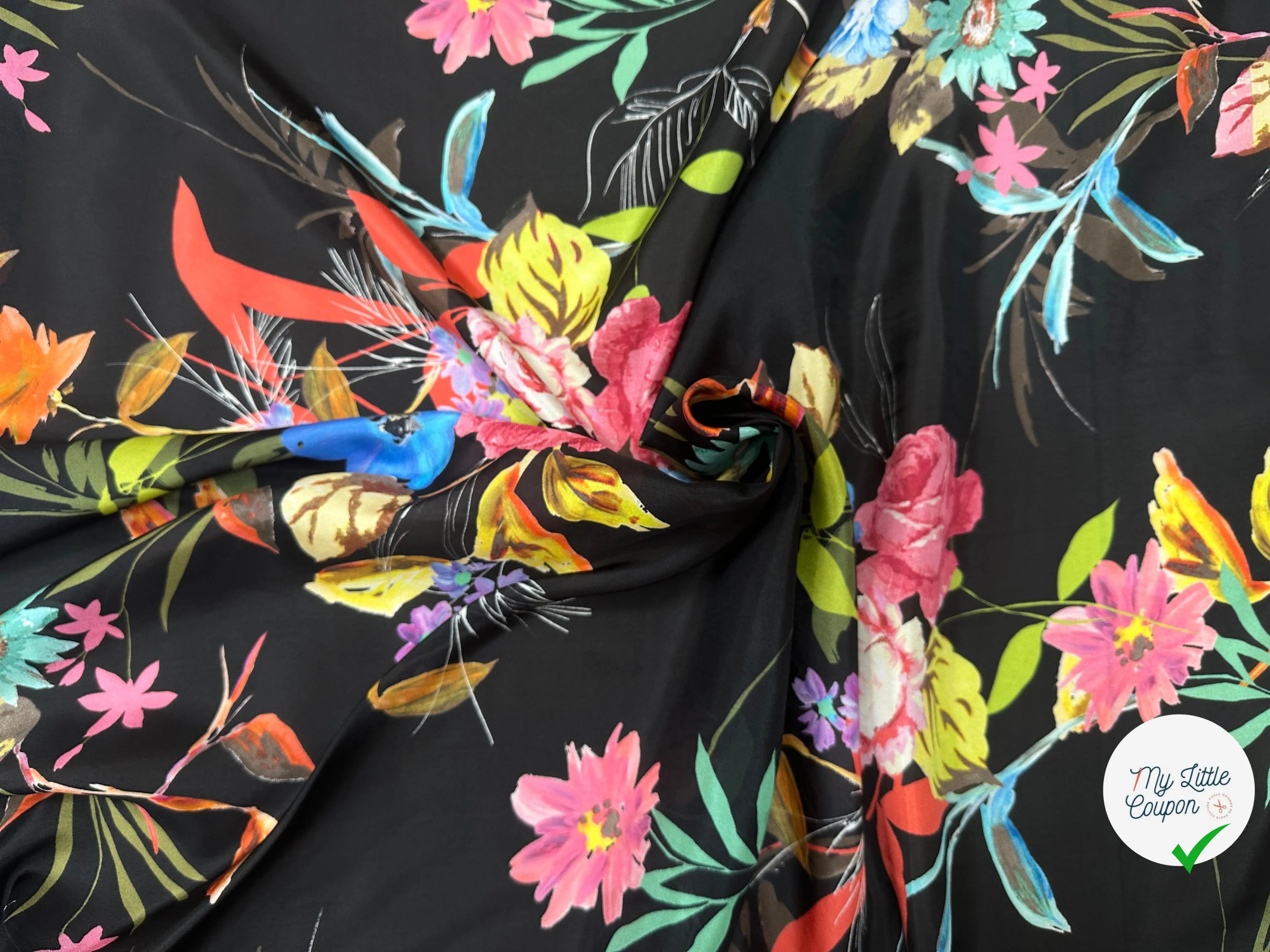 PONGÉ DE SOIE FLEURS FOND NOIR - My Little Coupon