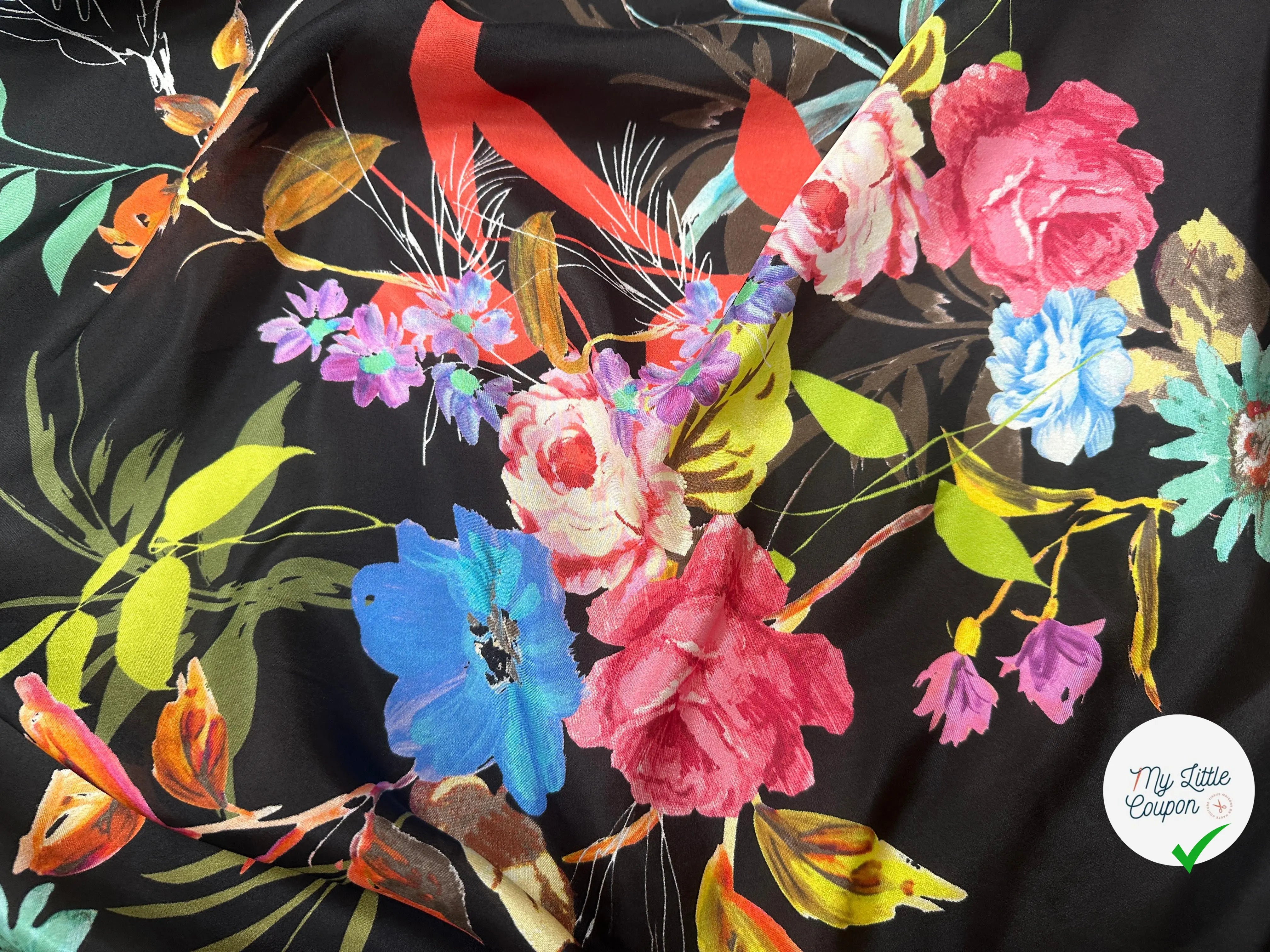 PONGÉ DE SOIE FLEURS FOND NOIR - My Little Coupon
