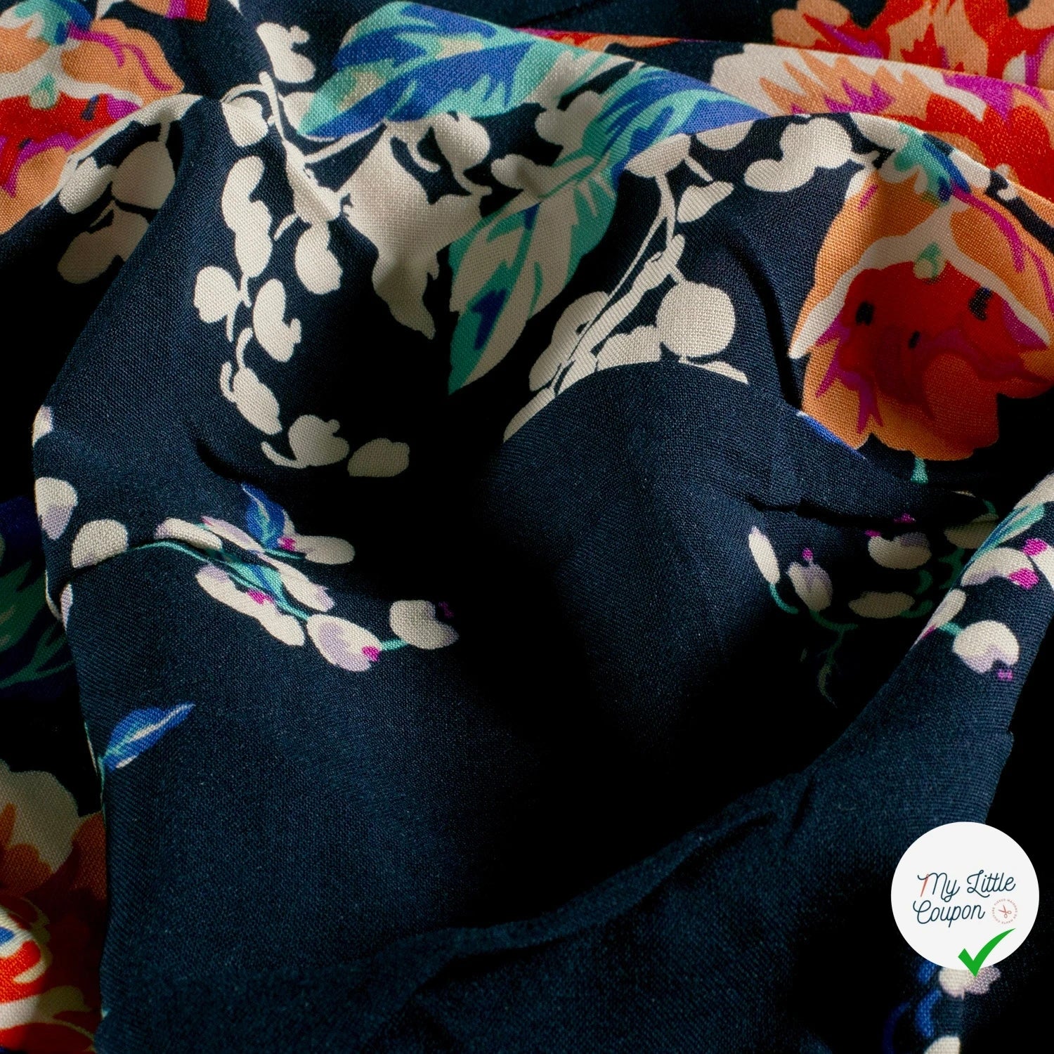 POPELINE BAMBOU IMPRIMÉ FLEURS BLEU MARINE - My Little Coupon
