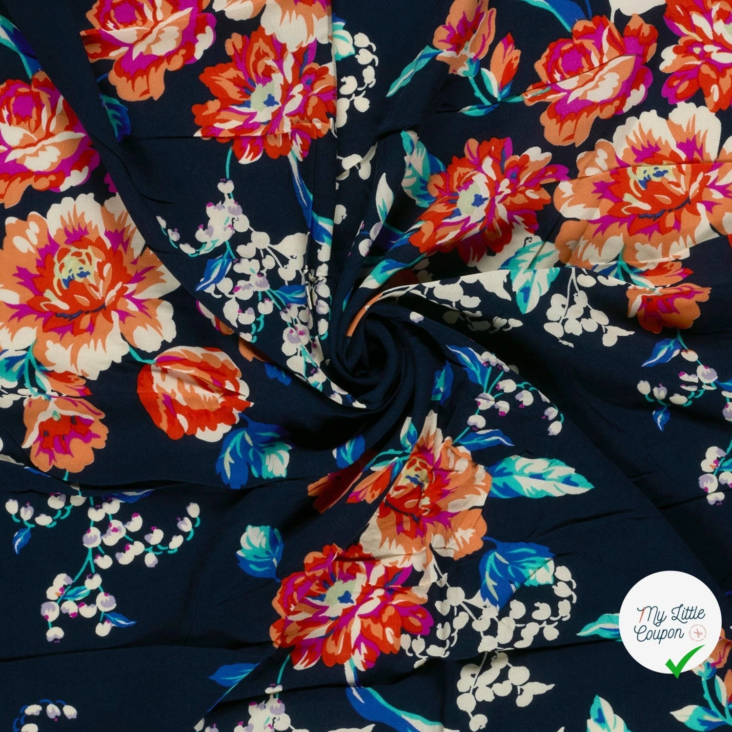 POPELINE BAMBOU IMPRIMÉ FLEURS BLEU MARINE - My Little Coupon