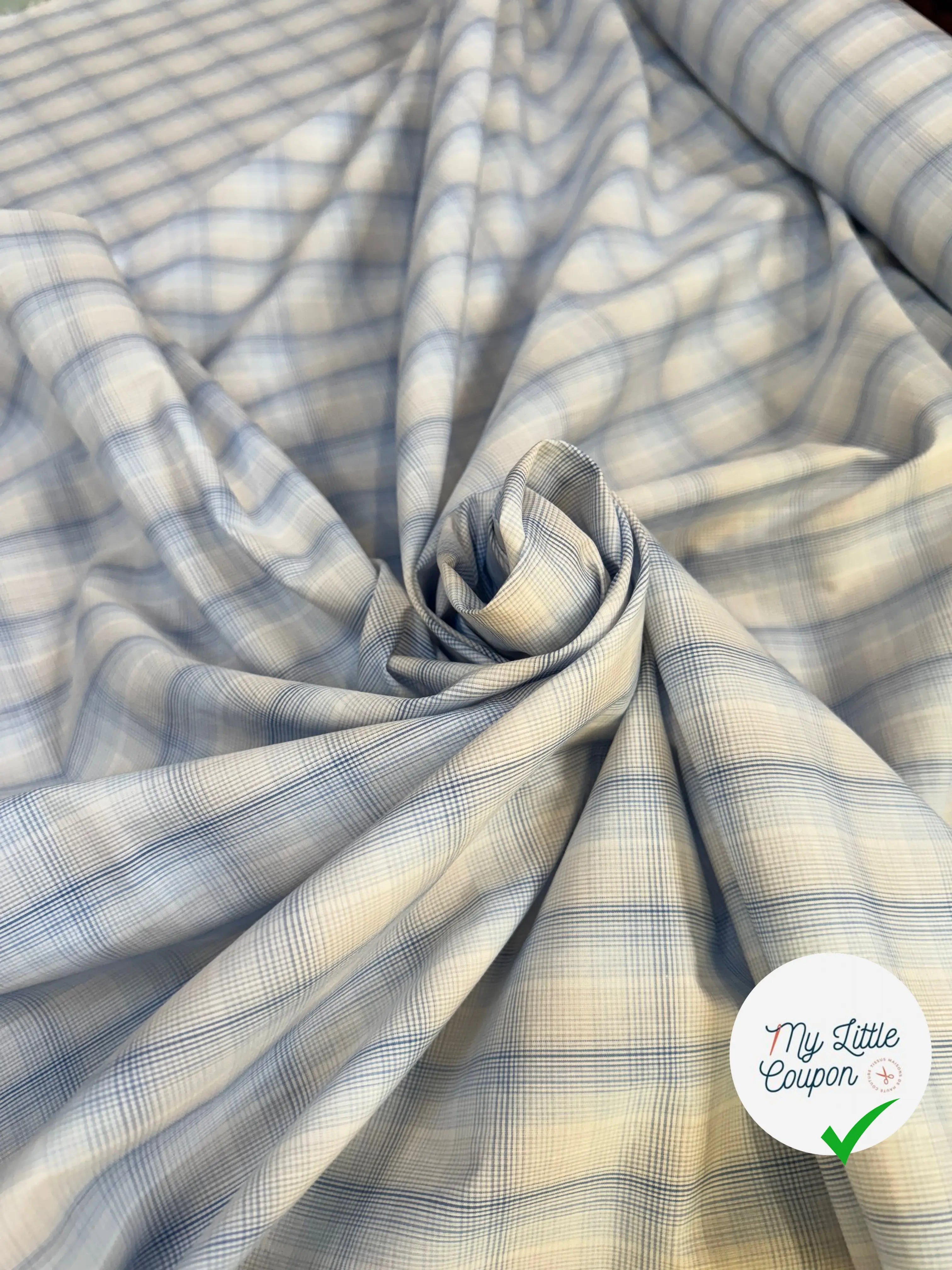 POPELINE COTON CARREAUX FOND BLANC BLEU - My Little Coupon