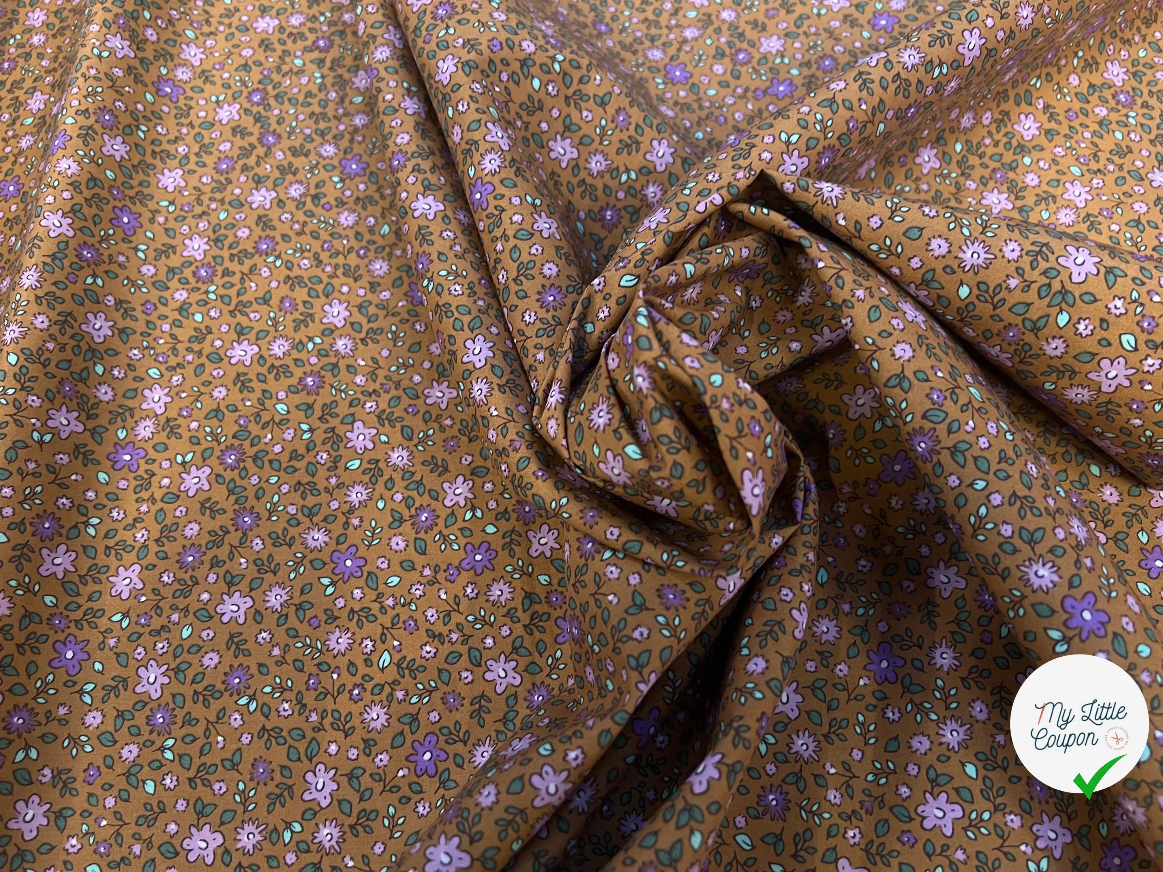 POPELINE COTON IMPRIMÉE YVETTE OCRE / MAUVE - My Little Coupon