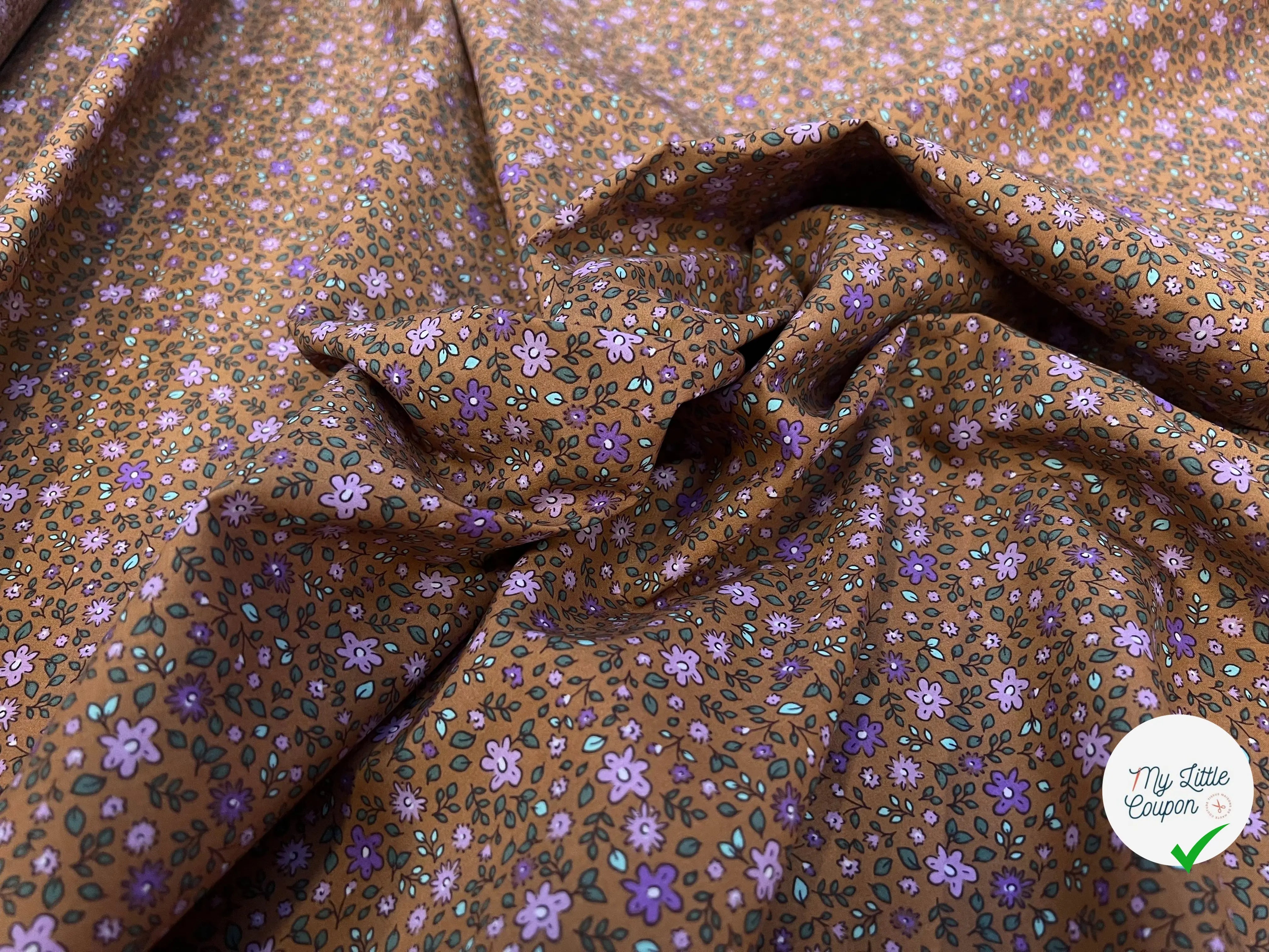POPELINE COTON IMPRIMÉE YVETTE OCRE / MAUVE - My Little Coupon
