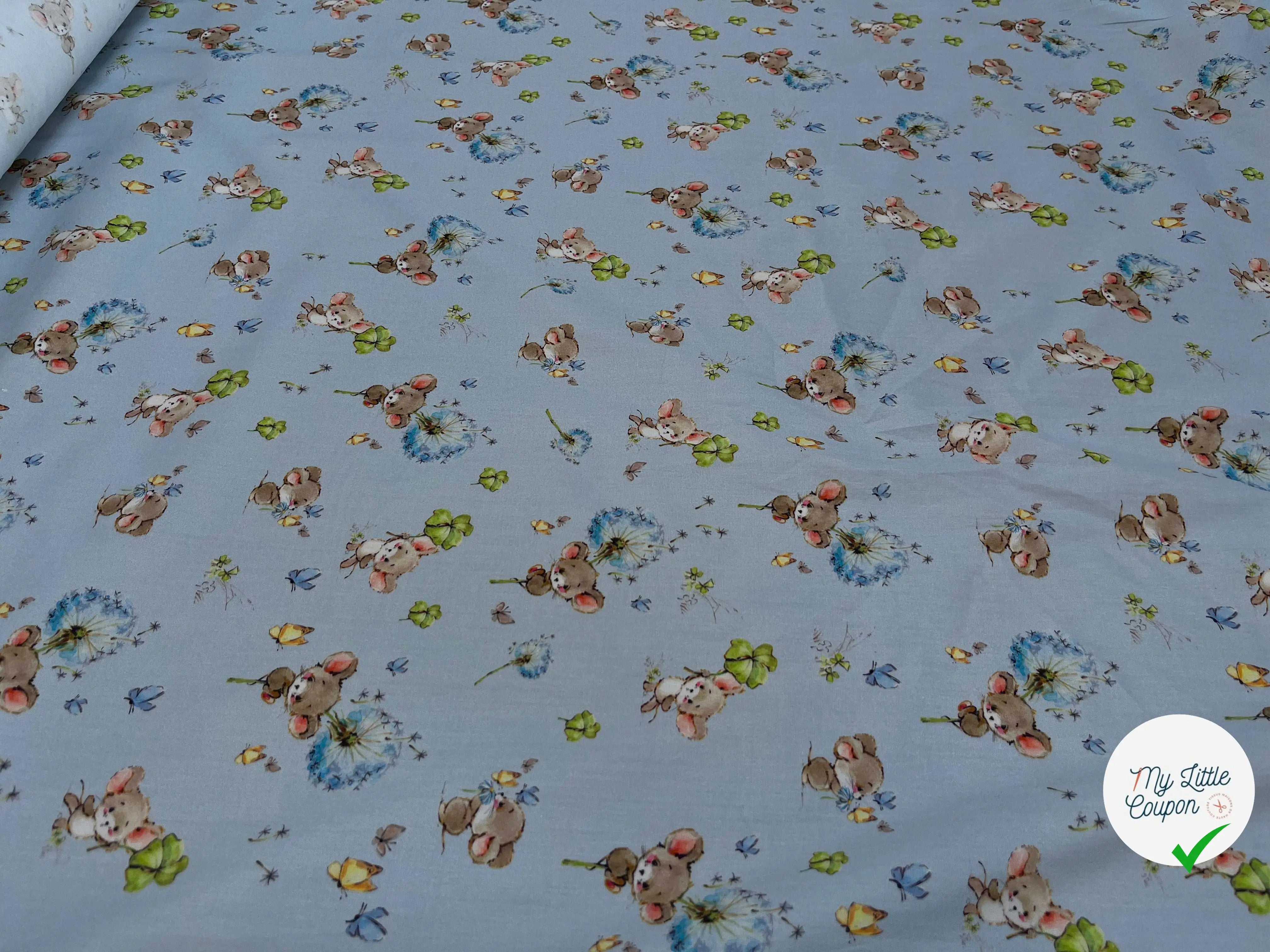 POPELINE DE COTON 120 FILS ENFANT PETITE SOURIS BLEU - My Little Coupon