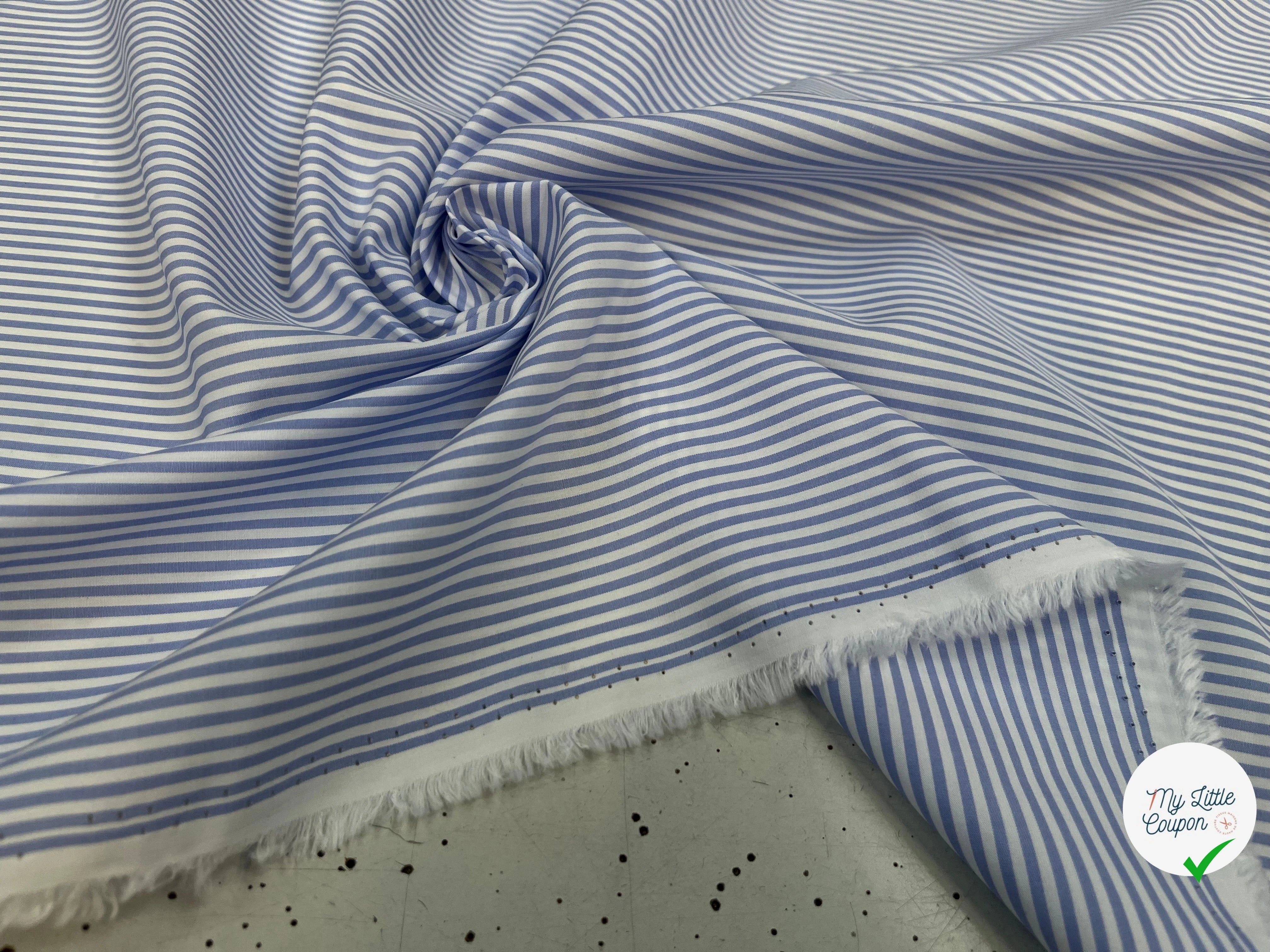 POPELINE DE COTON À RAYURES HORIZONTALES BLEU CLAIRE ET BLANC - My Little Coupon