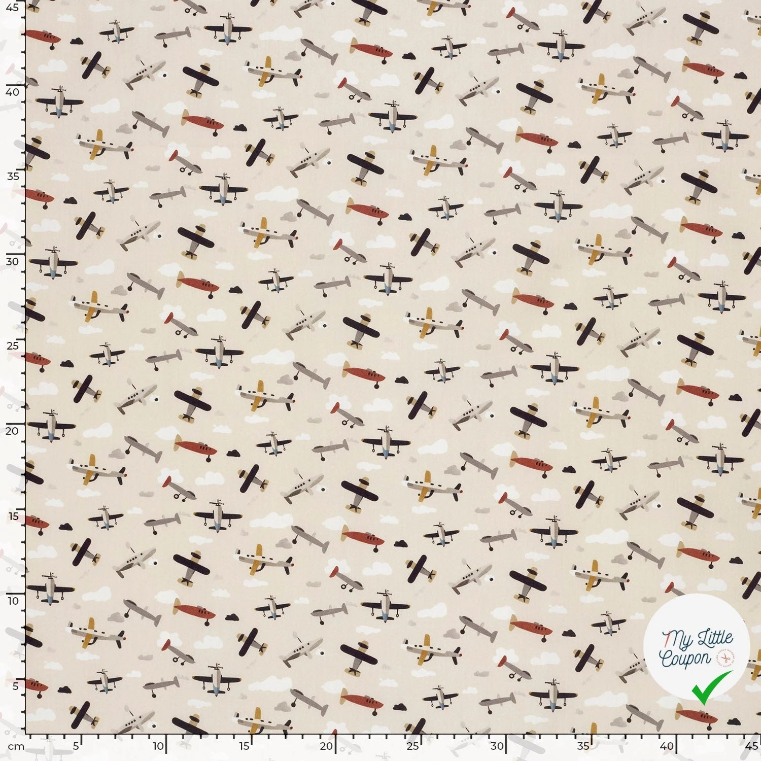 POPELINE DE COTON AVIONS FOND BLANC CASSÉ - My Little Coupon