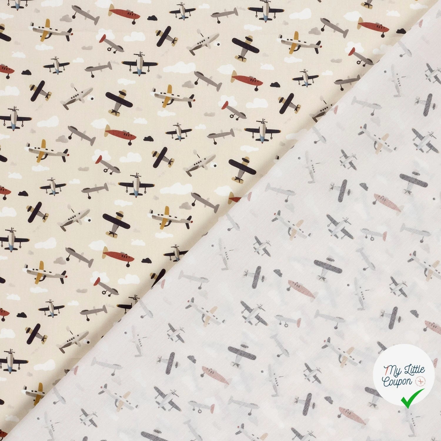 POPELINE DE COTON AVIONS FOND BLANC CASSÉ - My Little Coupon