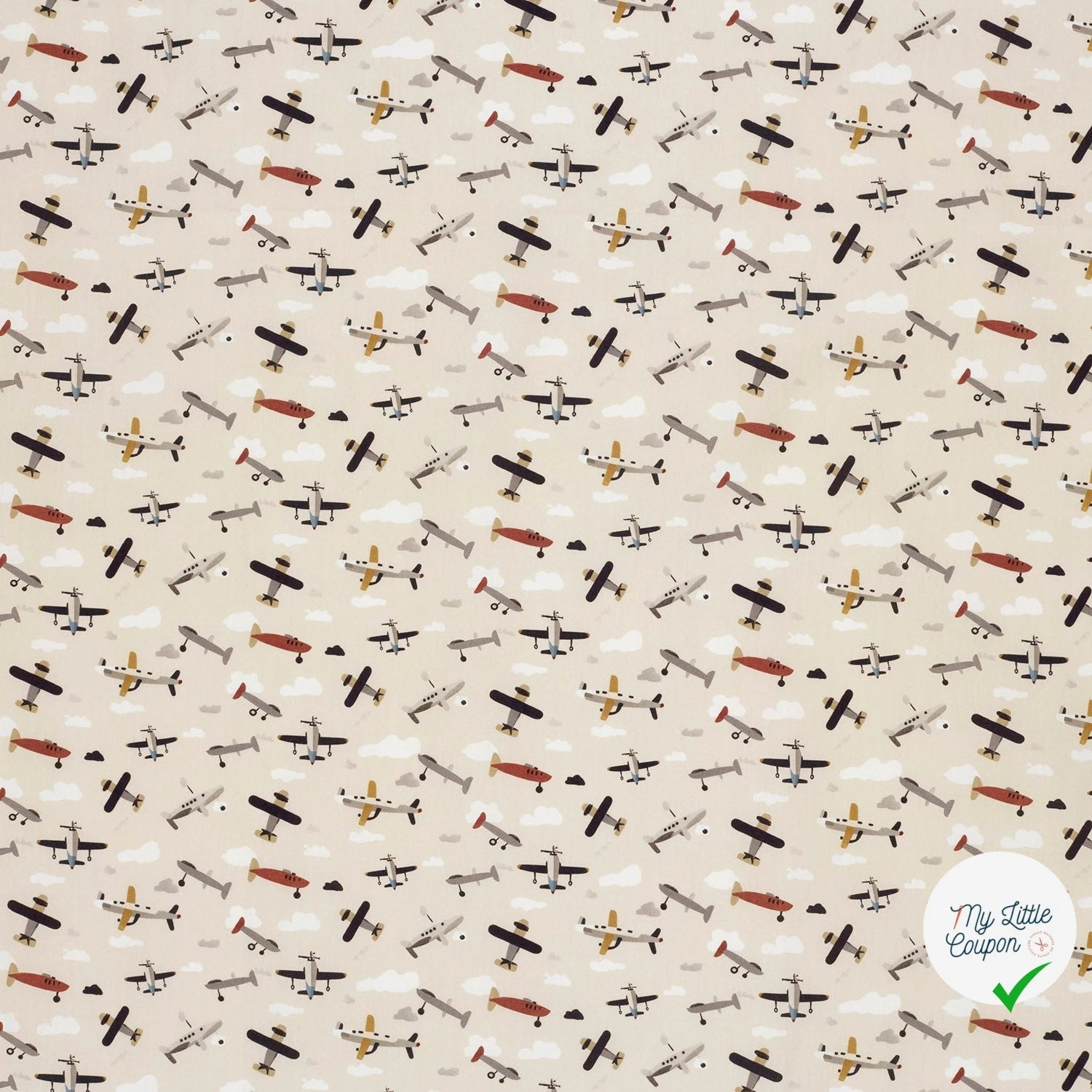 POPELINE DE COTON AVIONS FOND BLANC CASSÉ - My Little Coupon