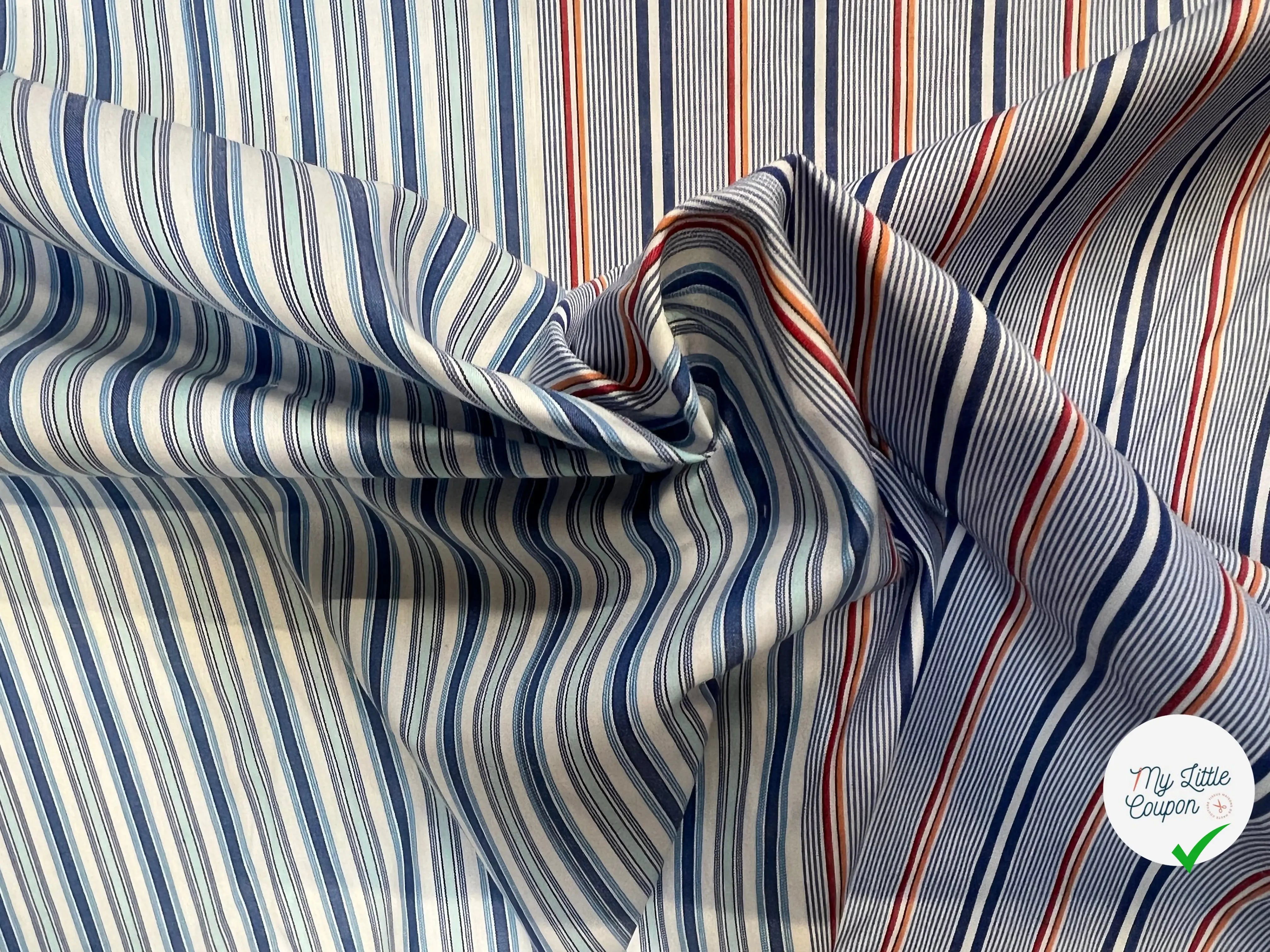 POPELINE DE COTON BICOLORE À RAYURES BLEU/ BLEU THÉ BLANC ET ROUGE/ ORANGE - My Little Coupon