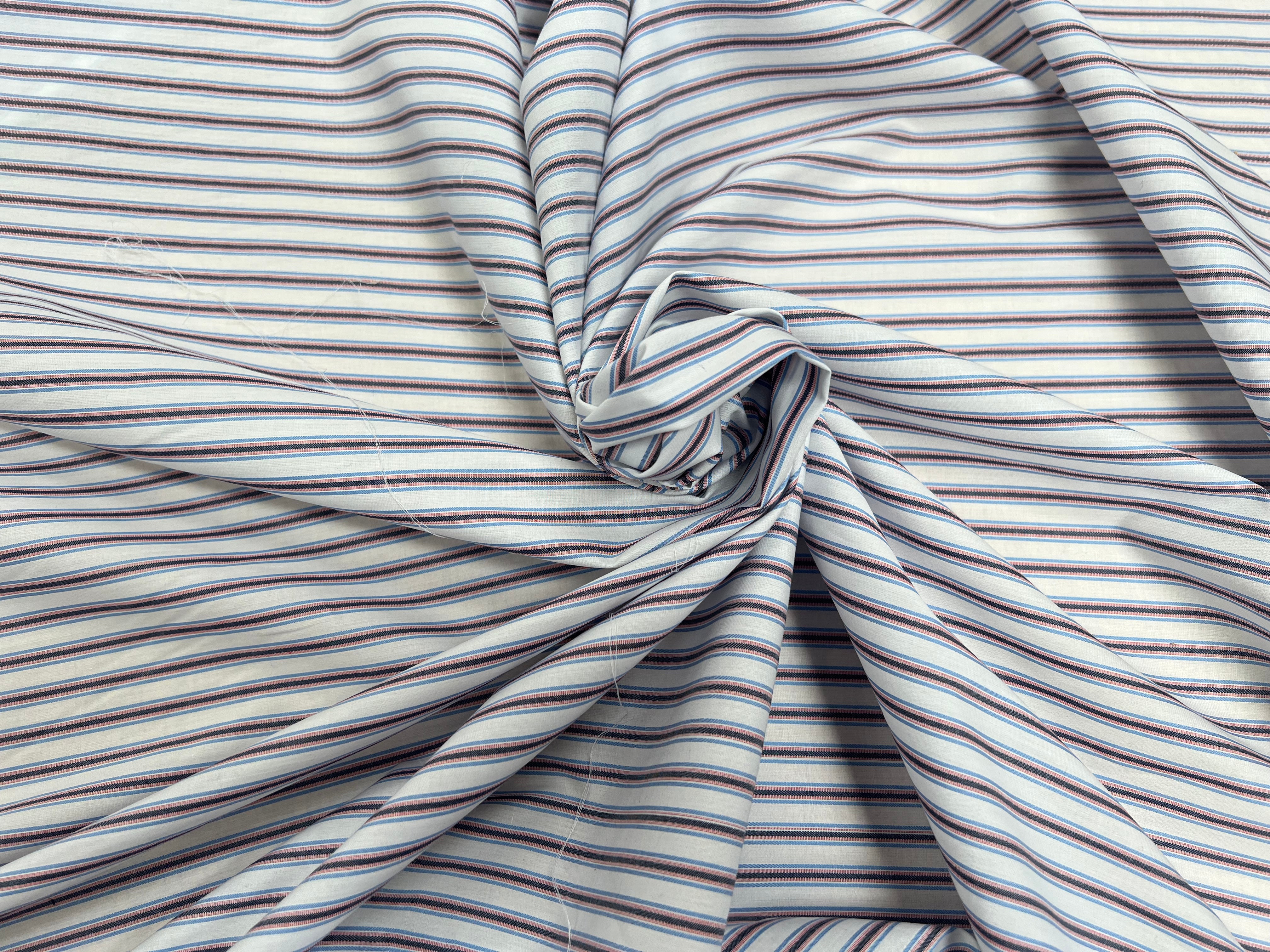 POPELINE DE COTON BLANCHE À RAYURES NOIR, BLEU ET ROUGE - My Little Coupon