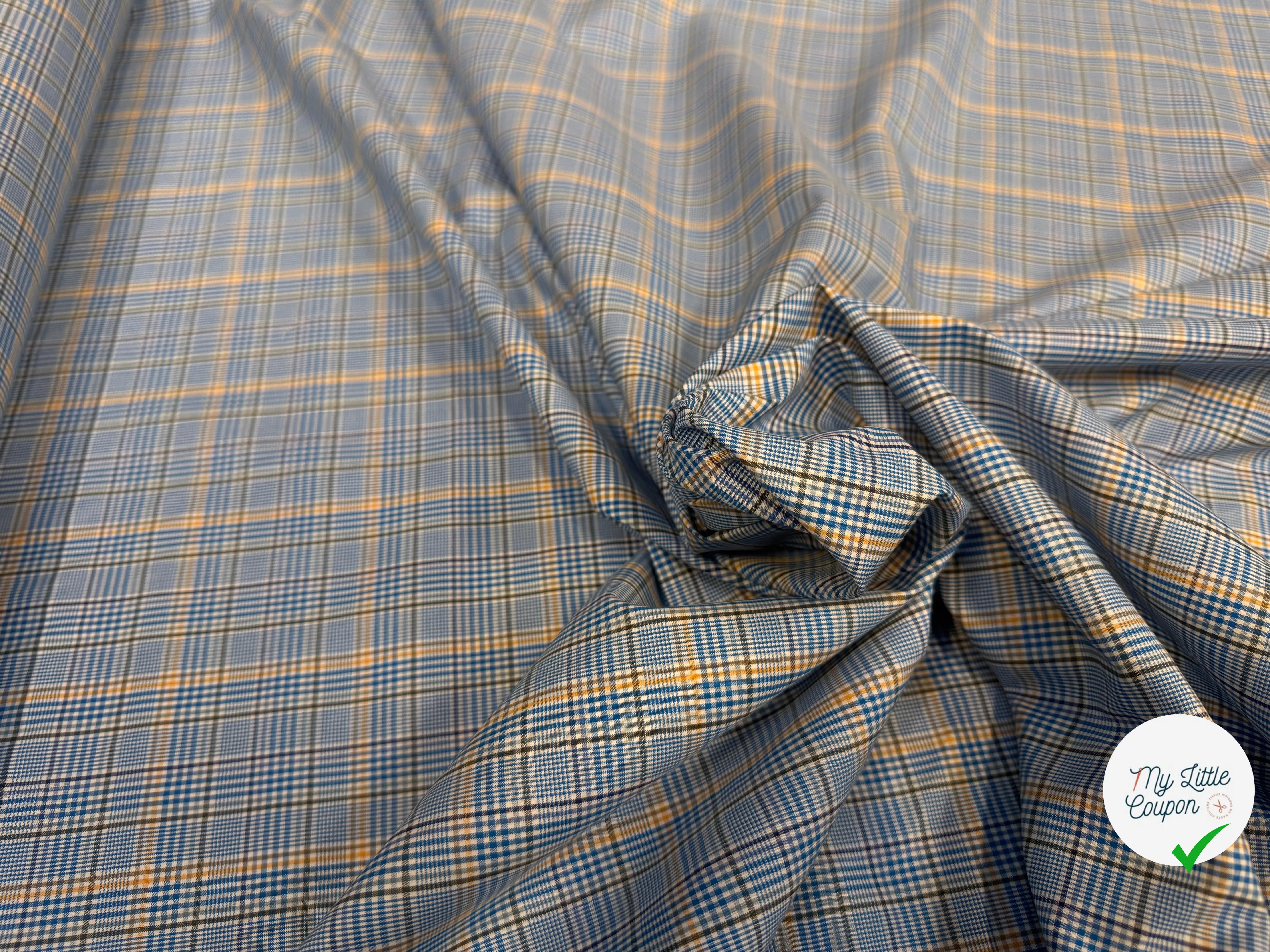 POPELINE DE COTON CARREAUX ELEGANCE DE JAUNE & BLEU - My Little Coupon